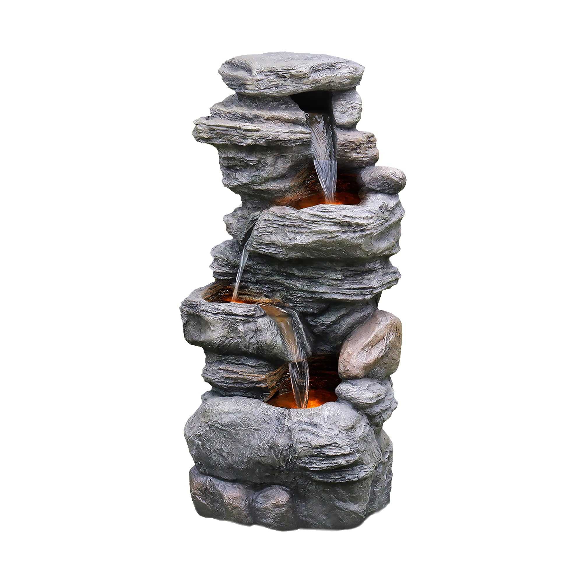 Teamson Home 39.37 Inch Outdoor Gray Faux Stacked Stone 4-Tier Water Fountain with LED Lights and Pump - Perfect for Garden, Patio, and Backyard Decor