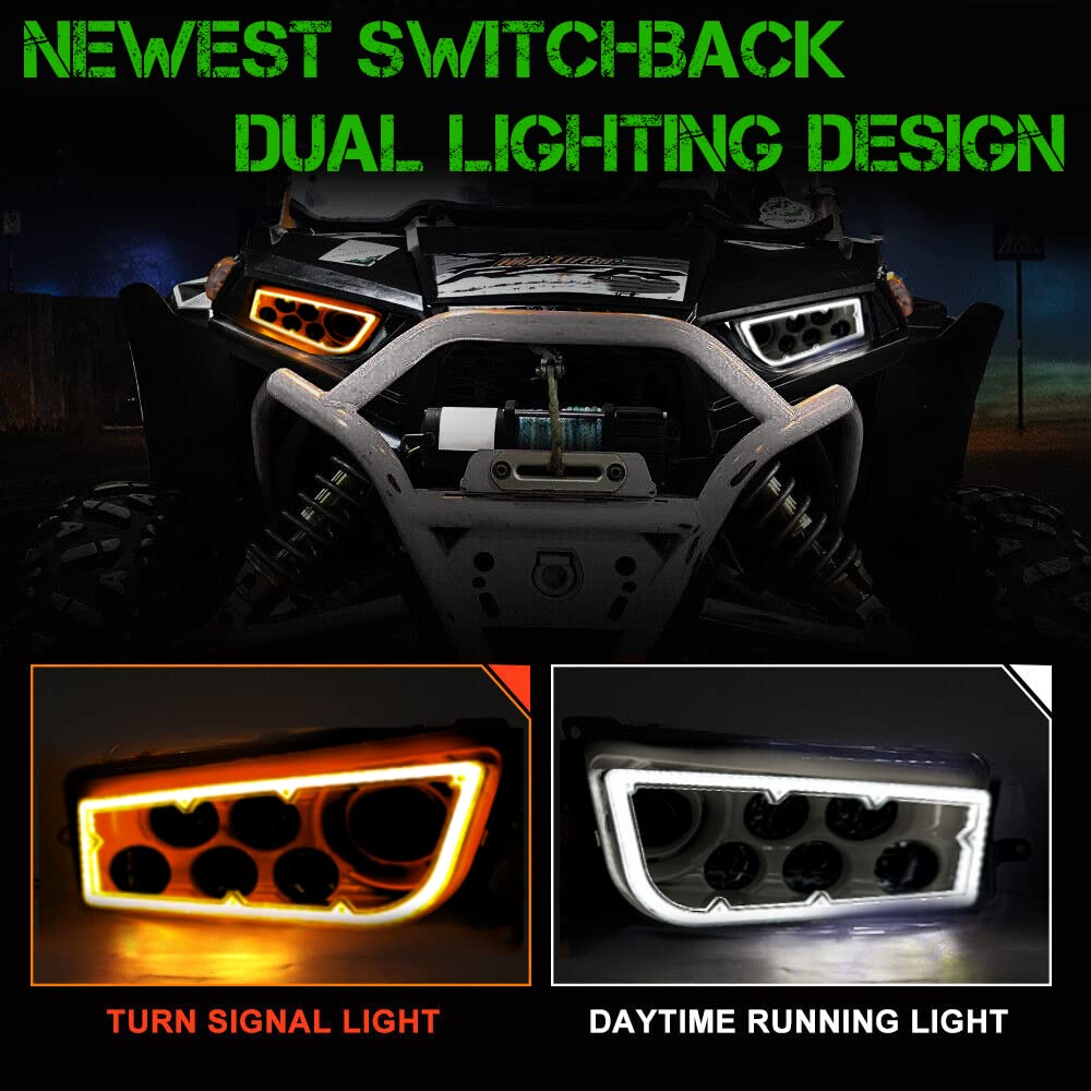 SLK-Lights PREMIUM RED Razor RZR LED Headlight Halo Turn Signal Kit - Street Legal for 2015-2021 Models - Red Dual Color SwitchBack Halo White/Amber - Perfect for Off-Roading, Night Driving & Custom UTV Upgrades