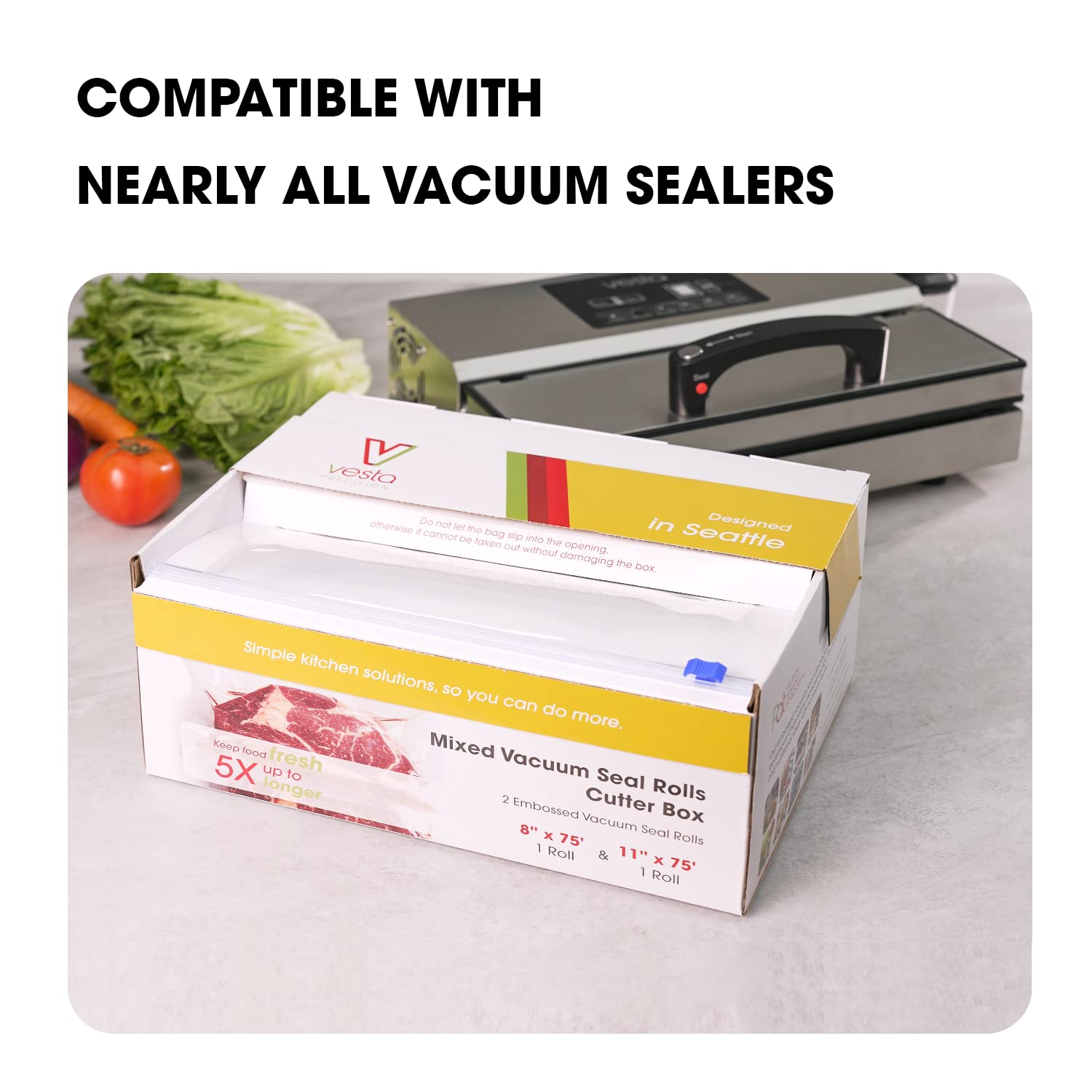 Premium Vacuum Sealer Roll (8” x 150’) with Built-in Cutter - Heavy Duty Food Saver Bags for Sous Vide, Meal Prep & Long-Term Storage | Vesta Precision | Ideal for Freezing, Marinating & Organizing Kitchen Staples