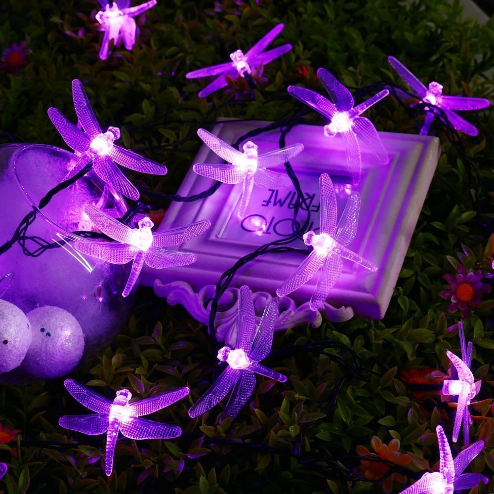 30 LED Solar Dragonfly String Lights - 20FT/6M Waterproof Outdoor Fairy Lights for Garden, Patio, Lawn, Christmas & Holiday Decorations (Purple) - Perfect for Backyard Parties, Wedding Decor & Landscape Lighting
