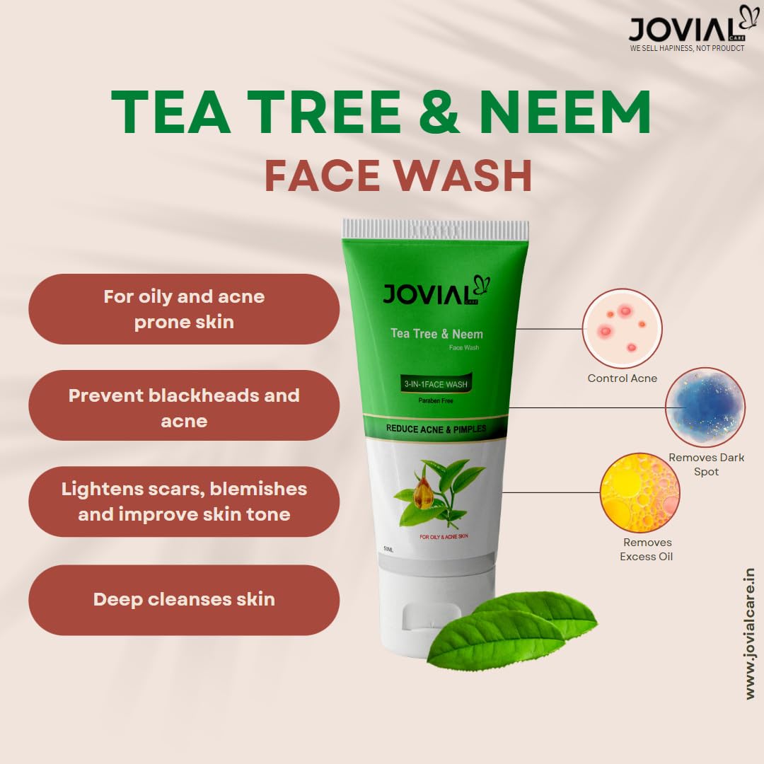 JOVIAL CARE Neem & Tea Tree Face Wash for Acne & Oily Skin - Reduces Pimples & Controls Oil | 100ml (Pack of 2) | Gentle Daily Cleanser for Clear, Healthy Skin - Perfect for Morning & Night Skincare Routine