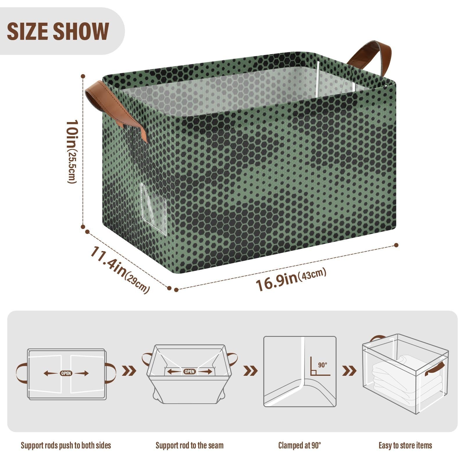 Green Camouflage Black Dots Foldable Storage Baskets with Handles - 2 Pack Collapsible Fabric Storage Cubes Organizer for Makeup, Books, Shelves - Perfect for Living Room, Bedroom & Closet Organization