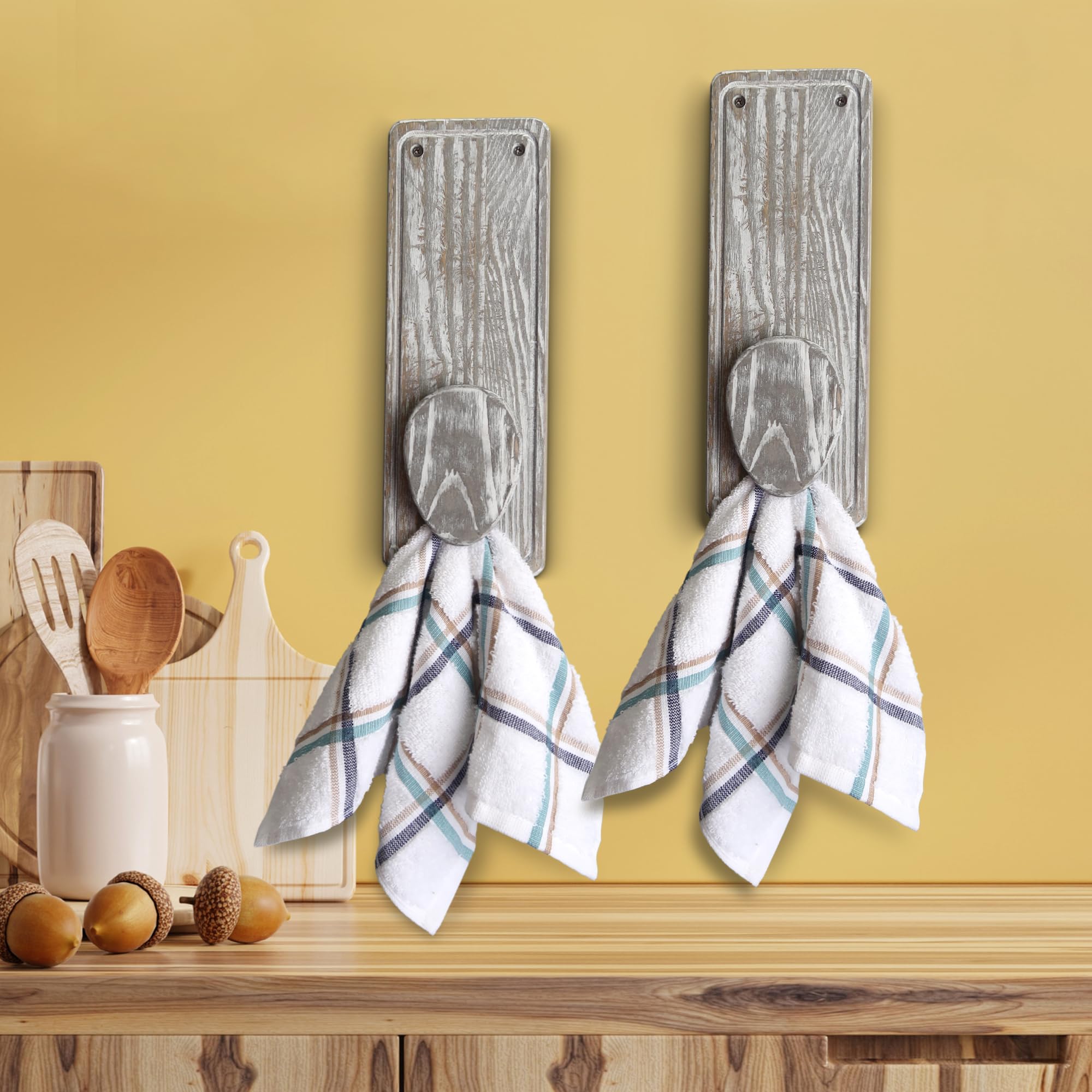 Besuerte Wooden Kitchen Towel Hook Set of 2 - Wall Mounted Wooden Towel Holders with Magic Marble - Rustic Grey Kitchen & Bathroom Towel Rack Hanger - Perfect for Farmhouse, Rustic Home Decor & Organizing Kitchen Linens