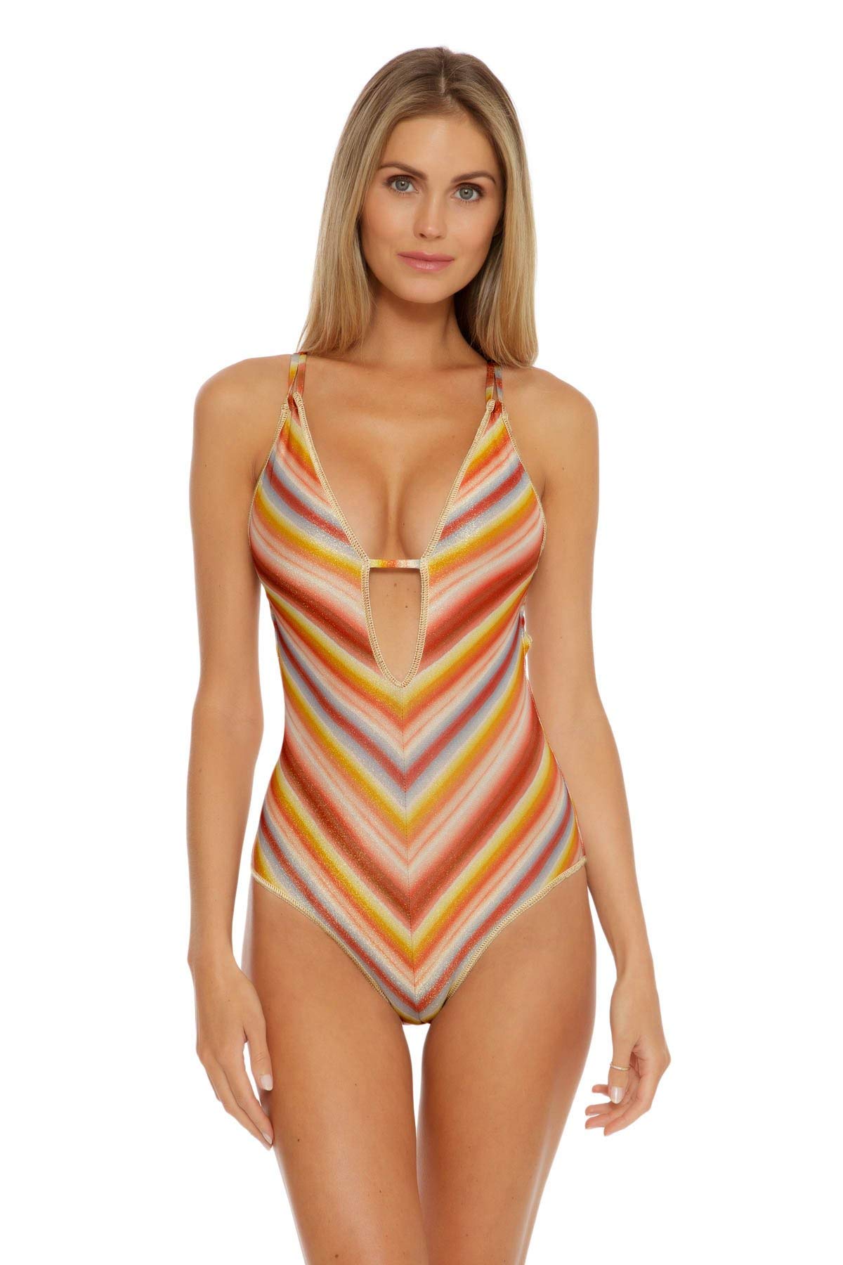 Becca by Rebecca Virtue Horizon Elizabeth Metallic Plunge One-Piece Swimsuit - Sexy High Cut Bathing Suit for Women, Perfect for Beach Vacations & Pool Parties