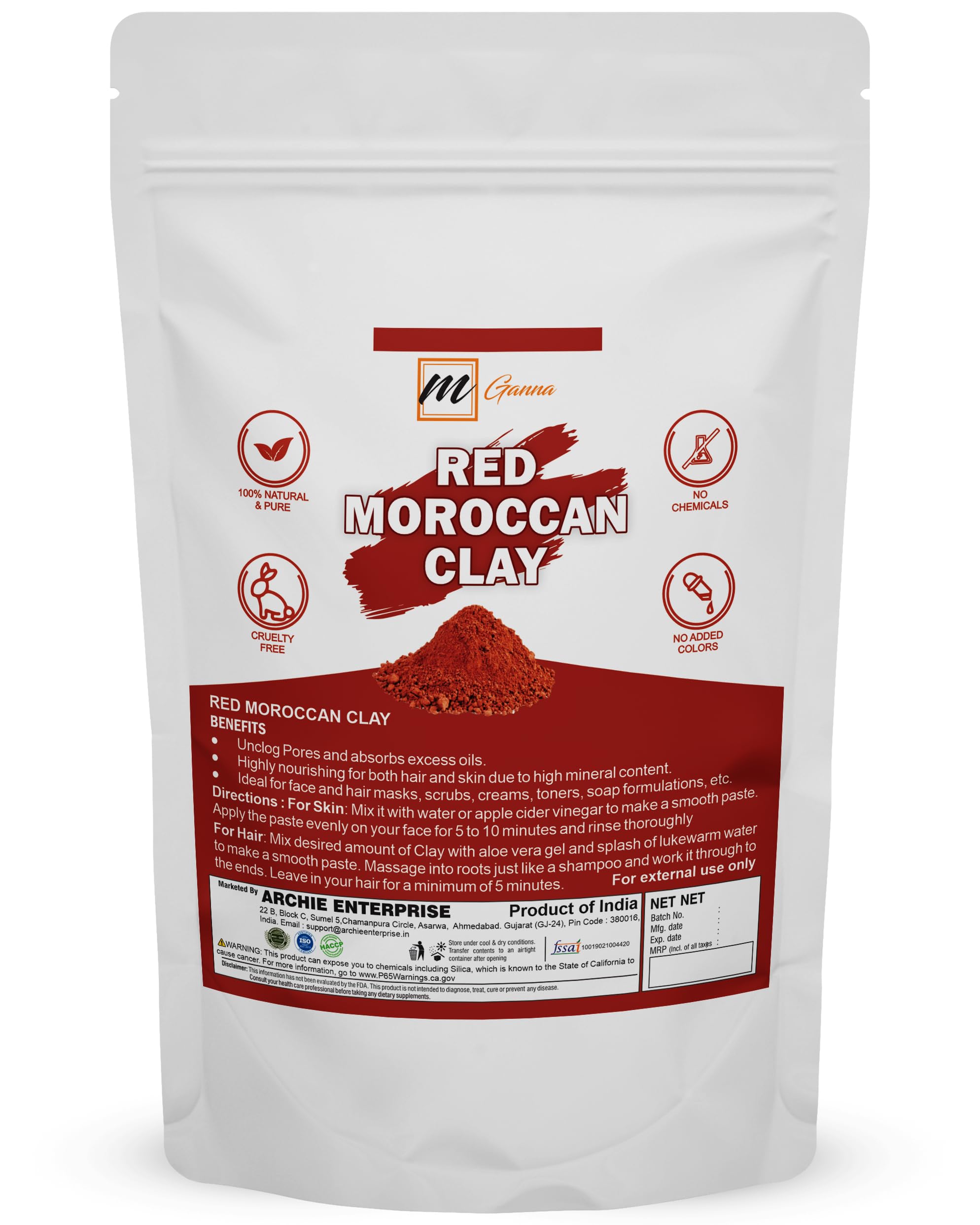 100% Pure Moroccan Red Clay Powder for Hair & Skin Care - 0.22lb (100g) - DIY Face Masks, Body Scrubs, Soap Making & Natural Cosmetics | Perfect for Spa Day, At-Home Beauty Treatments & Organic Skincare Routines
