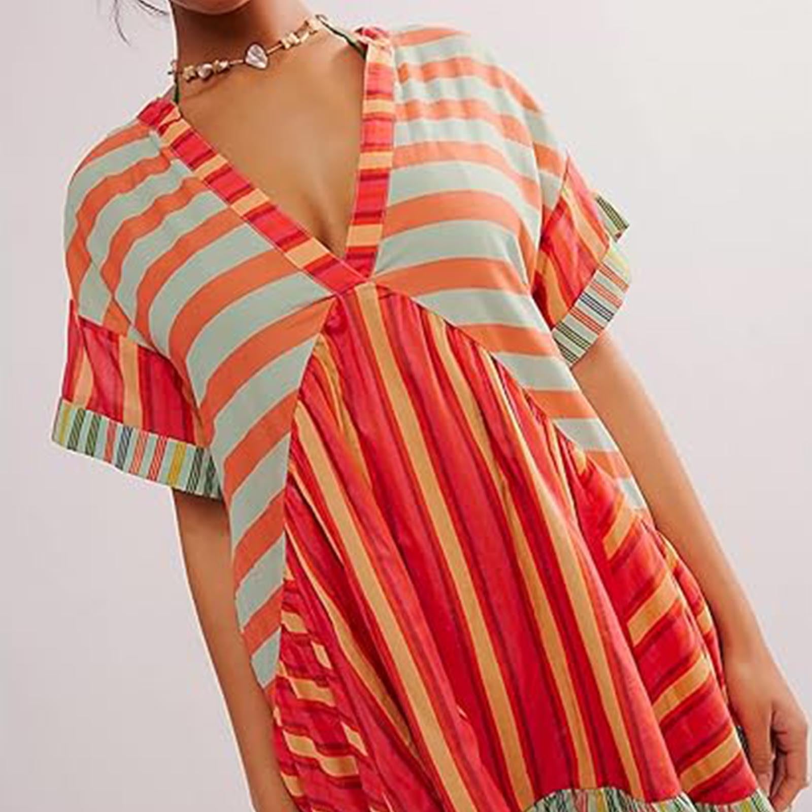 Boho Patchwork Floral Dresses for Women 2024 - Deep V Neck Ruffled Oversized Babydoll Sundress & Y2K Mini Dress | Perfect for Summer Beach Vacations, Music Festivals, and Casual Outings