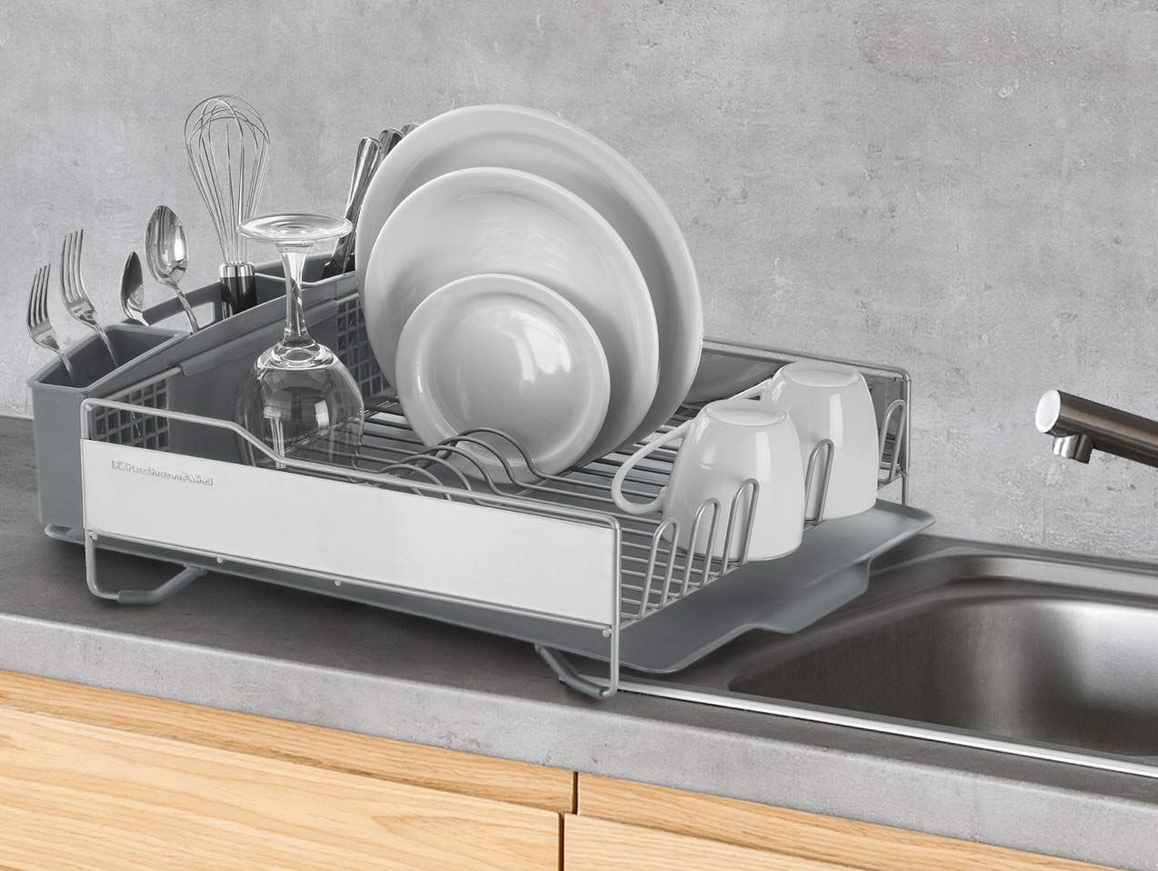 KitchenAid Large Capacity Dish Rack with OXO Good Grips SimplyTear Paper Towel Holder - Durable Stainless Steel Dish Drying Rack with Towel Dispenser for Kitchen Countertop Organization