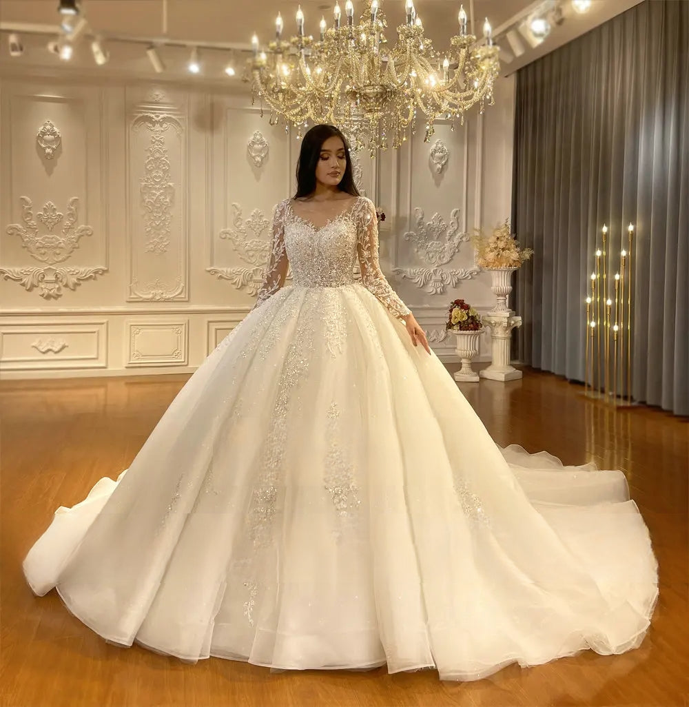 Elegant Long Sleeve Ball Gown Wedding Dress - A-Line Lace Bridal Gown for Bride (White, Ivory) | Perfect for Church Ceremony, Formal Wedding & Prom Night