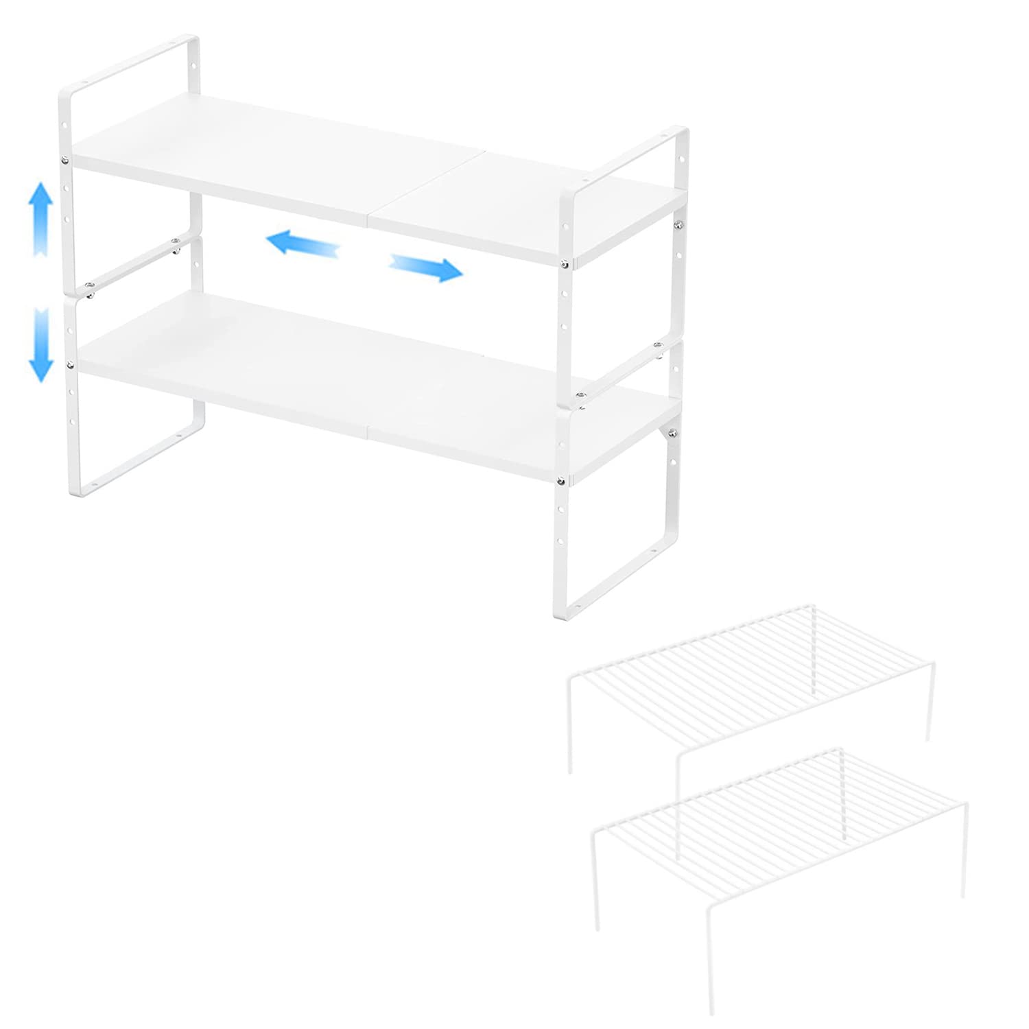 GEDLIRE 2 Pack Expandable Cabinet Shelf Organizer & 2 Pack Wire Rack Set - Metal Countertop Shelves for Kitchen, Pantry, Cupboard Storage - Perfect for Spice Jars, Canned Goods & Small Appliances Organization