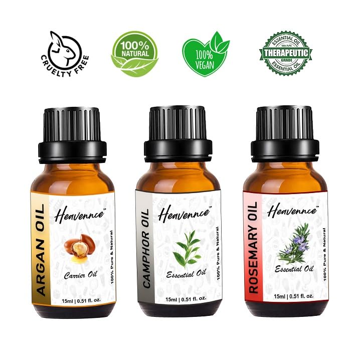 Premium Argan Oil, Camphor Oil & Rosemary Oil Trio Set - Natural Hair Growth Treatment, Skin Moisturizer & Anti-Aging Solution | Pain Relief & Rejuvenation Therapy | Aromatherapy Essential Oils Gift Set (3-Pack) for Daily Hair Care, Massage & Relaxation