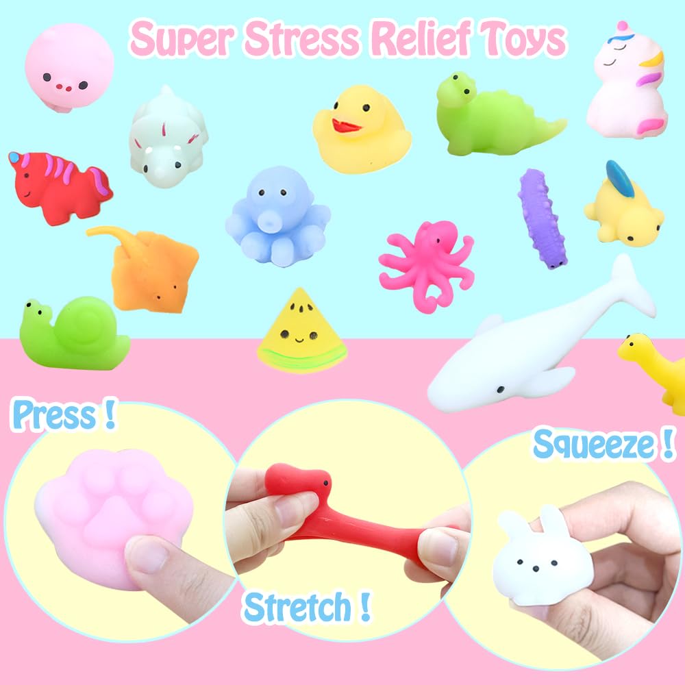 120PCS Random Mochi Squishy Toys - Kawaii Stress Relief Squishies for Kids, Party Favors, Goodie Bag Fillers, Birthday Gifts, Classroom & Carnival Prizes - Fun Sensory Toys for Anxiety Relief, Fidget Play & Relaxation