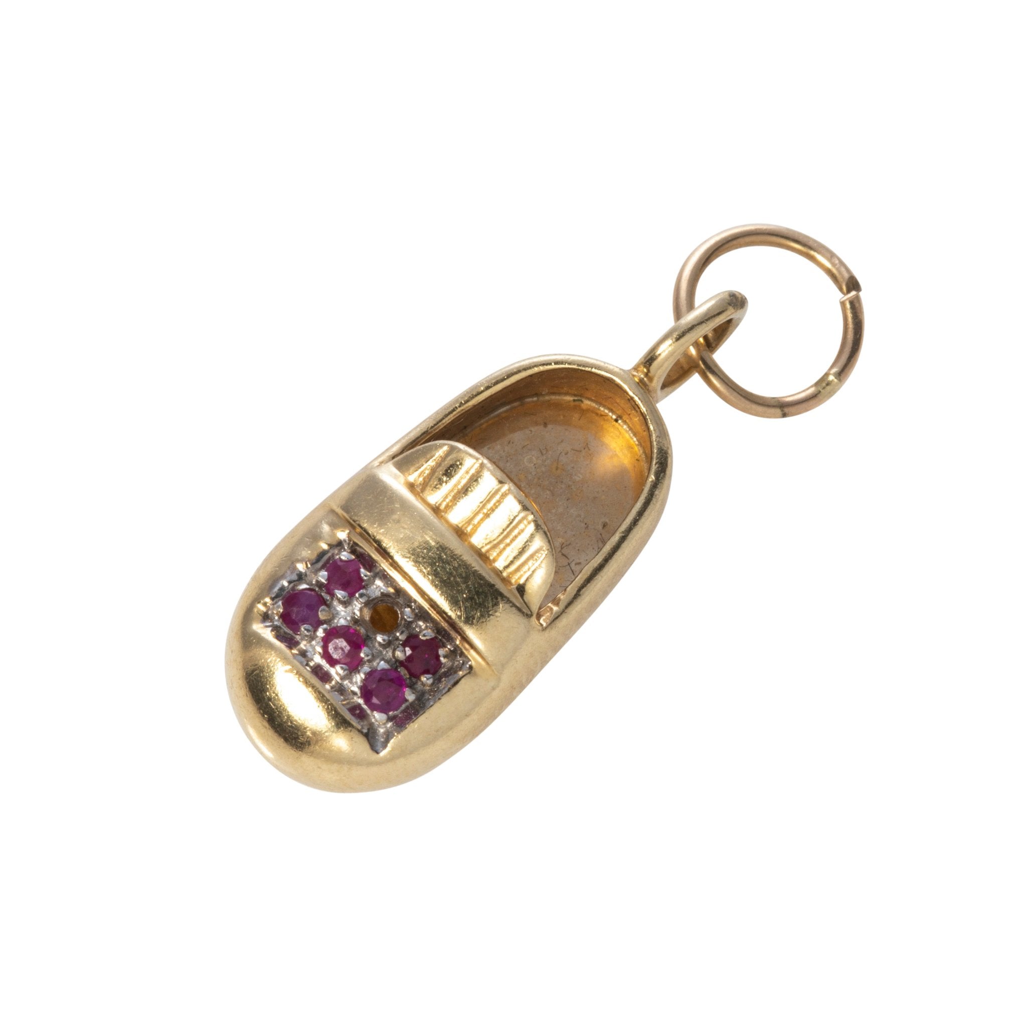 Vintage Red Stone 14K Gold Baby Shoe Charm Pendant - Elegant Jewelry Gift for Newborns, Christening, Baby Showers & Special Occasions