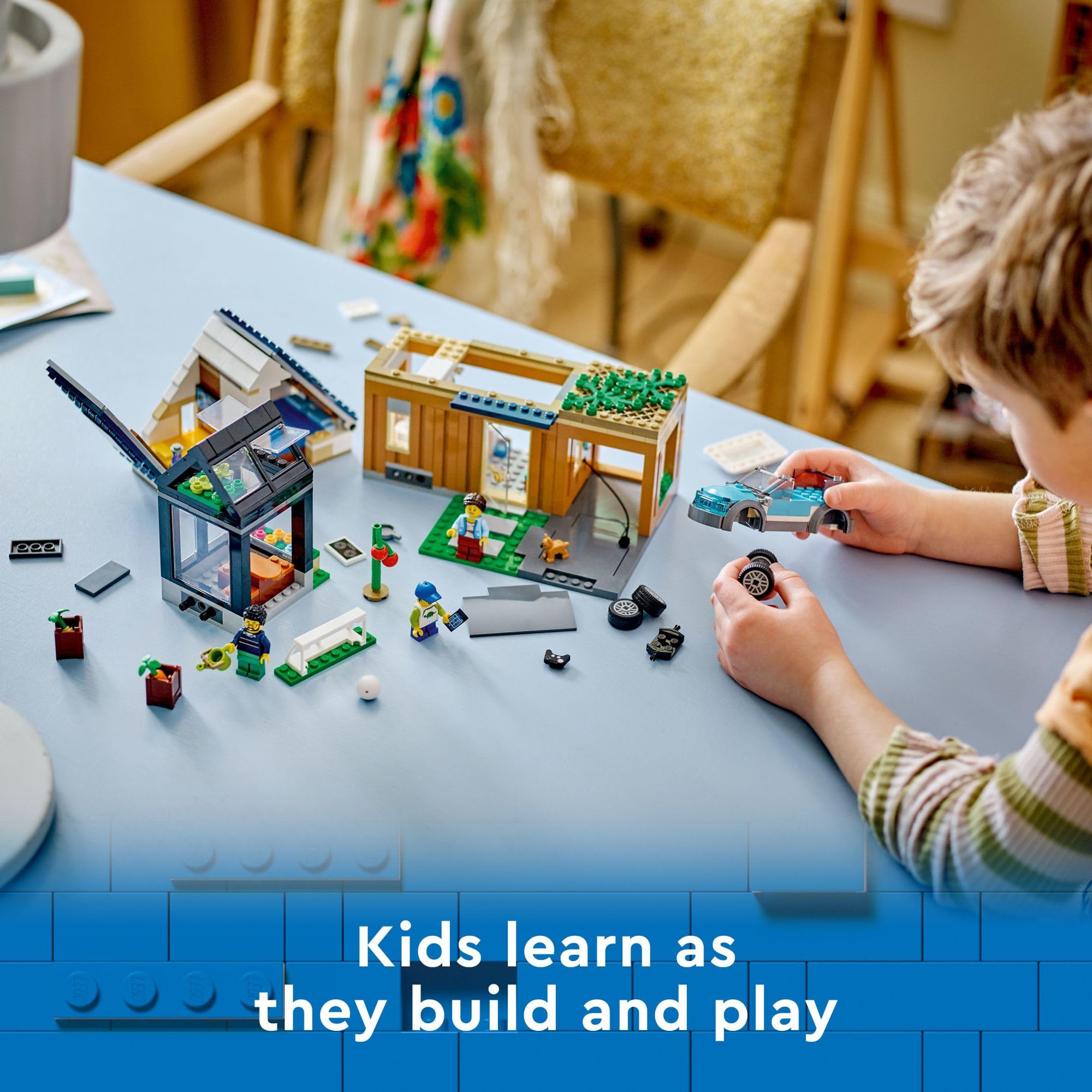 LEGO My City Family House and Electric Car 60398 Building Toy Set with Kitchen, 2 Bedrooms, Greenhouse & Solar Panels - Includes 3 Minifigures & Puppy - Creative Construction Gift for Kids Ages 6+ - Perfect for Imaginative Play, STEM Learning & Family Bonding Activities
