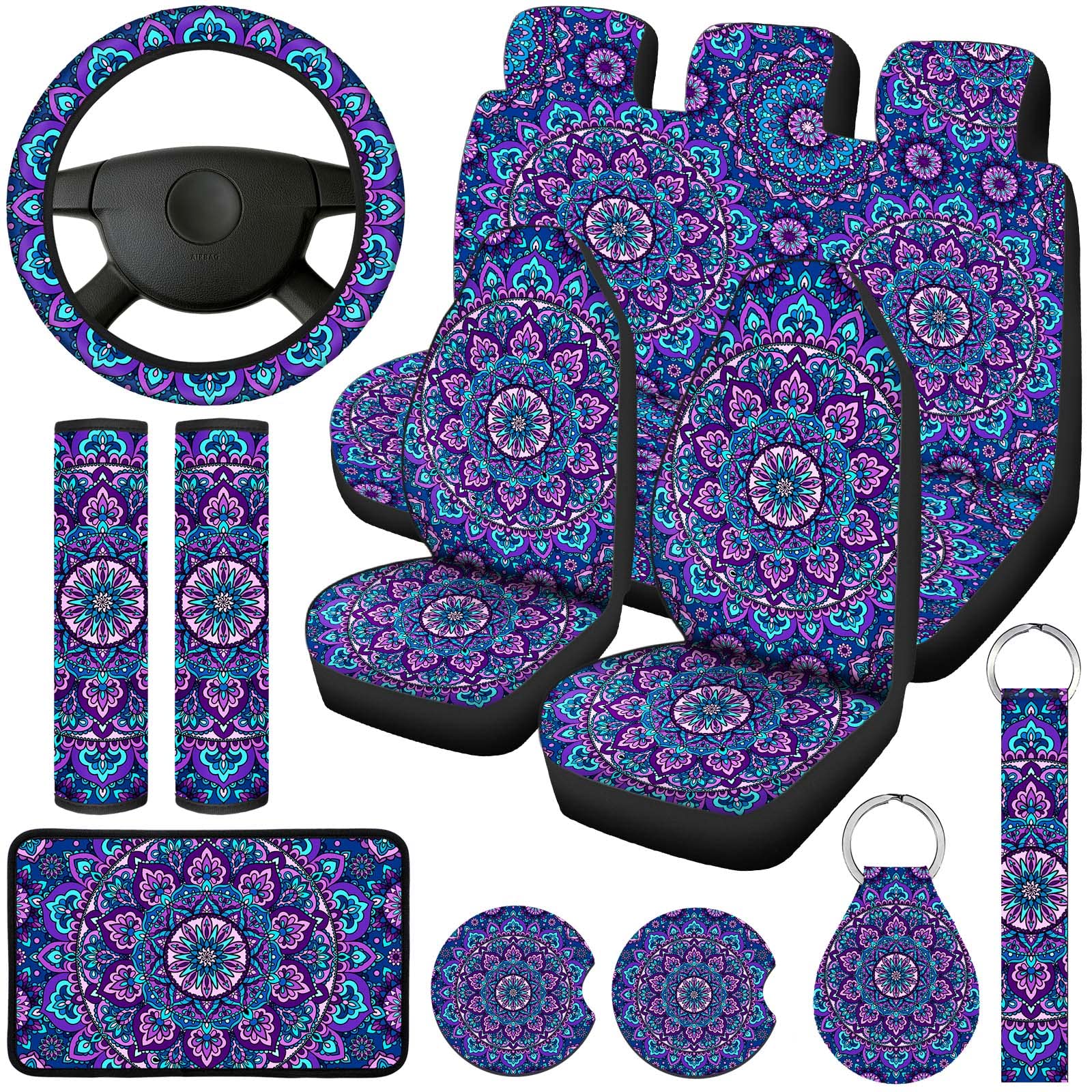 Frienda 13-Piece Purple Mandala Car Seat Cover Set for Women - Tie-Dye Steering Wheel Cover, Headrest Cover, Seat Belt Cover & Console Armrest Pad with Keyring - Bohemian Hippie Car Accessories (Classic Style) - Perfect for Road Trips, Daily Commutes & Vintage Car Decor