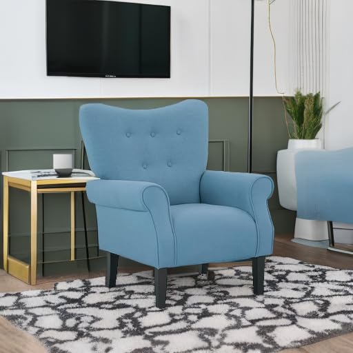 MELLCOM Mid Century Modern Wingback Arm Chair - Upholstered Fabric High Back Accent Chair with Wooden Legs, Single Sofa Club Chair for Living Room, Bedroom & Home Office - Blue | Perfect for Reading Nooks, Cozy Corners & Contemporary Decor