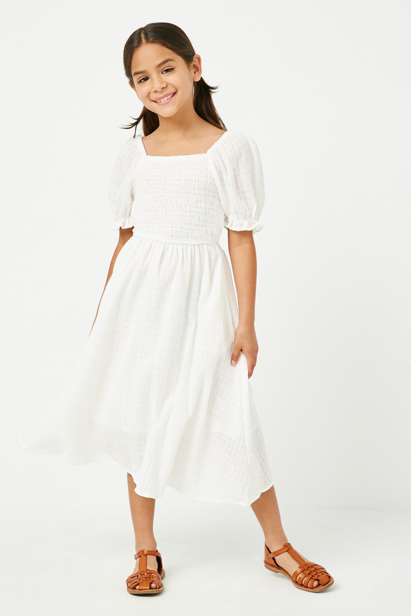 Elegant Smocked Bodice Puff Sleeve Midi Dress for Women | Flowy Summer Party & Wedding Guest Outfit | Perfect for Beach Vacations & Date Nights