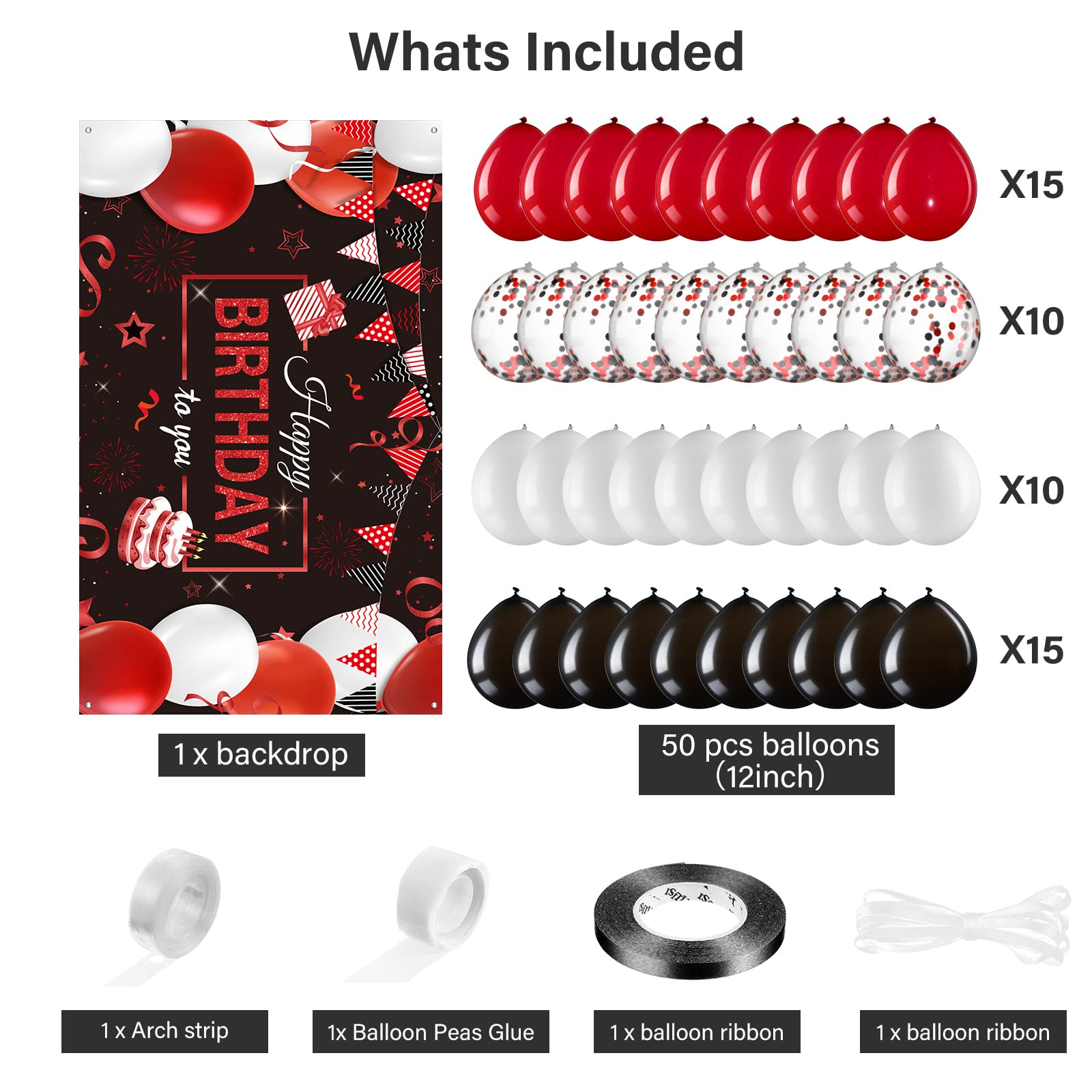 Tatuo 50-Piece Birthday Balloon Garland Kit - Happy Birthday Backdrop Banner Decorations for Kids, Men & Women - Red and Black Party Supplies for Anniversary, Baby Shower & Graduation Celebrations