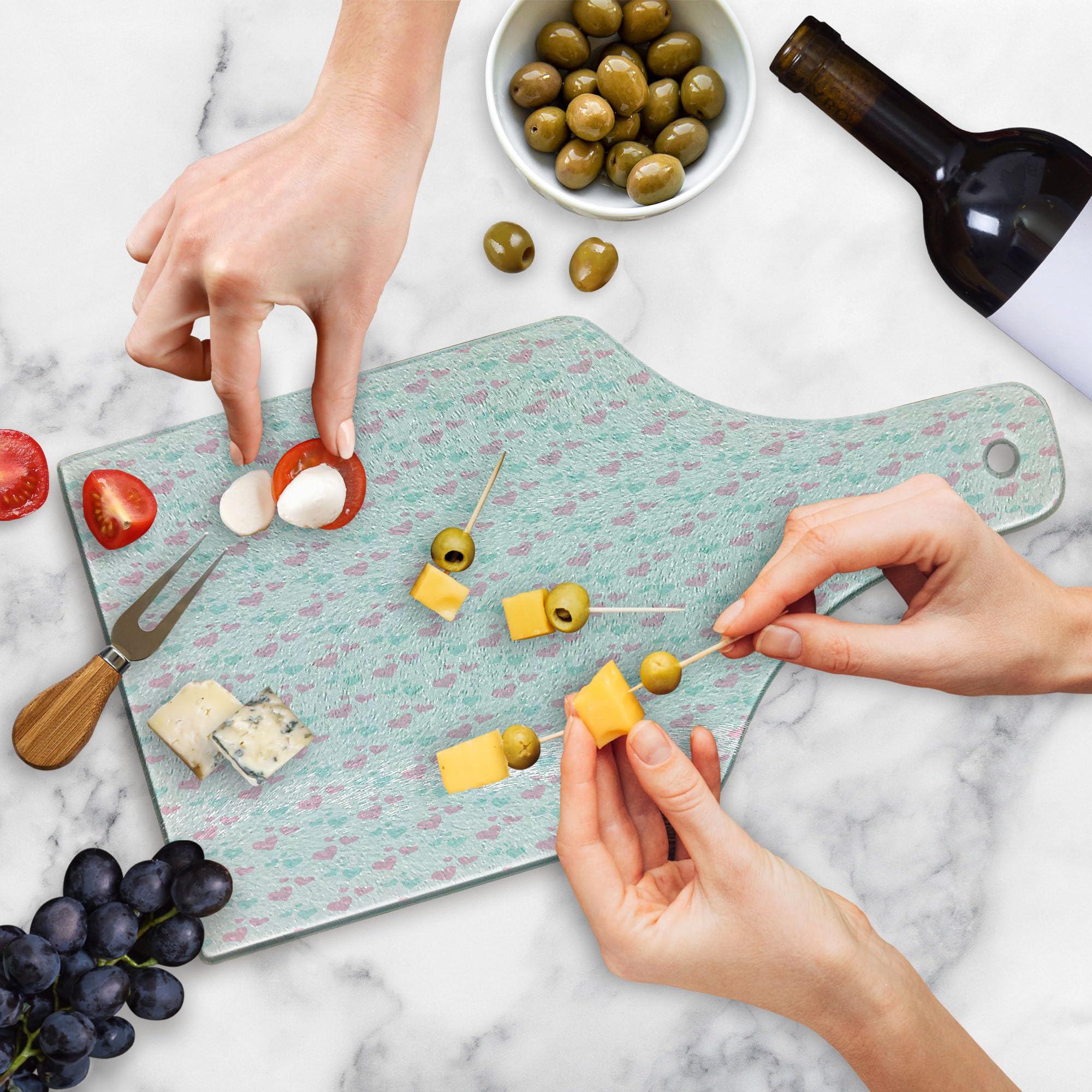 Ambesonne Romantic Love Design Cutting Board - Cartoon Hearts Tempered Glass Serving Board for Kitchen, Wine Bottle Shape in Mint Green, Pale Pink & White - Perfect for Valentine's Day Gifts, Bridal Showers & Home Decor