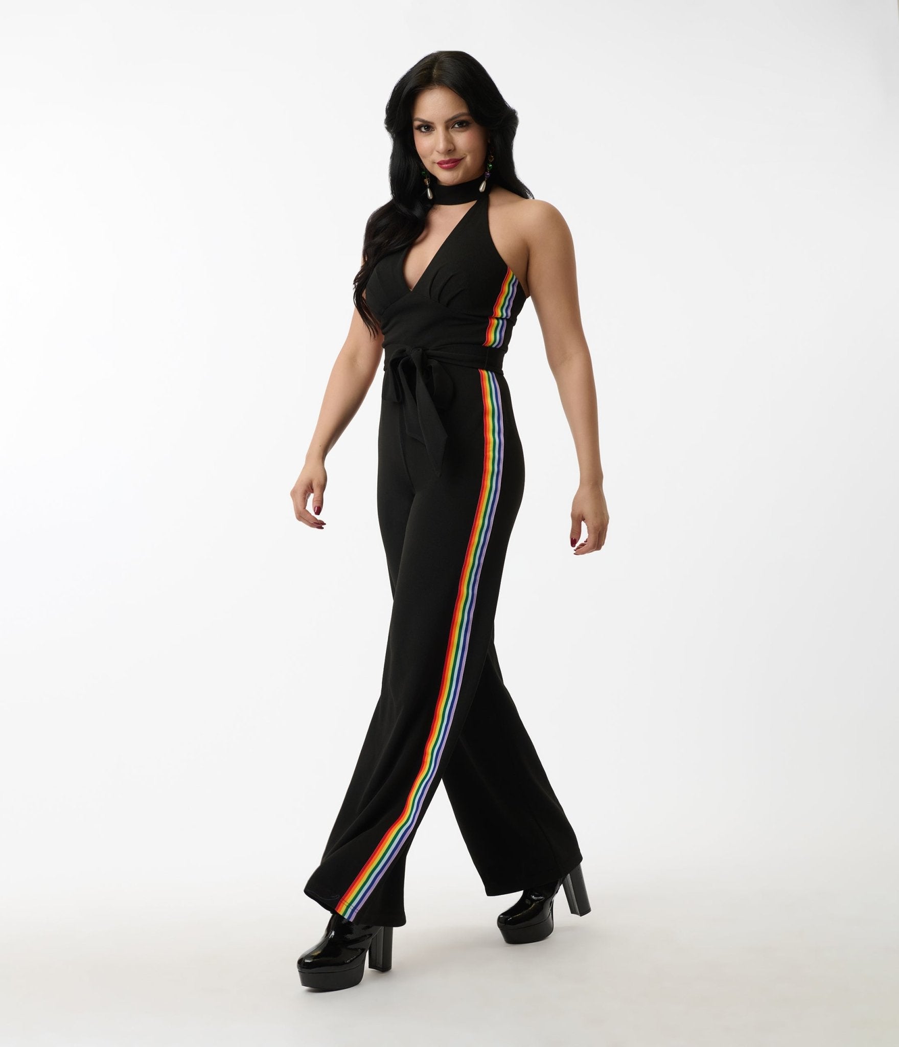Smak Parlour Black Rainbow Stripe Glamour Goddess Jumpsuit for Women - Sexy One Piece Romper for Parties, Night Out & Special Occasions