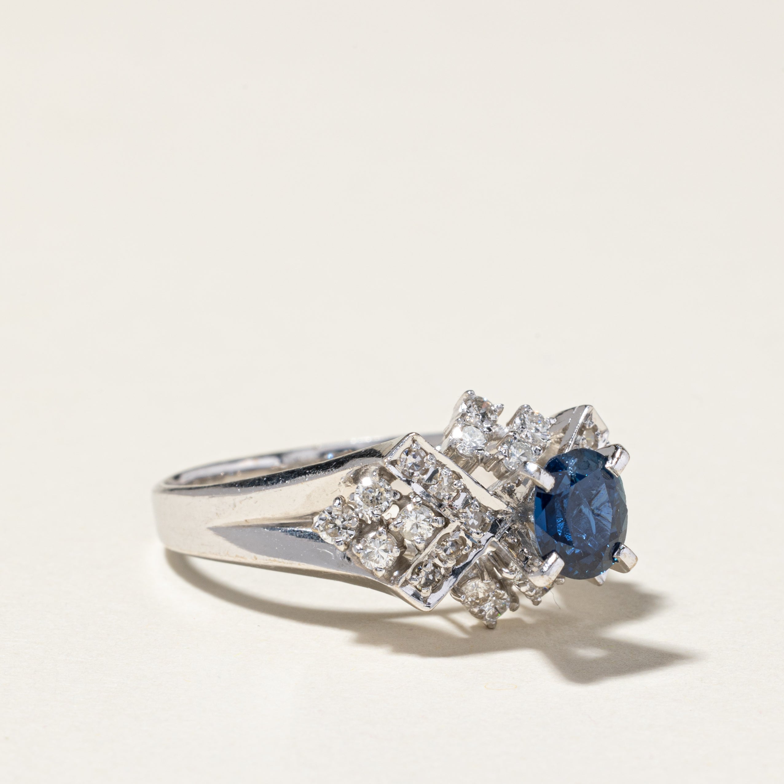 14K White Gold Sapphire and Diamond Cocktail Ring - 0.92ct Sapphire & 0.57ctw Diamonds - Size 8.75 - Elegant Statement Jewelry for Evening Parties, Weddings & Special Occasions