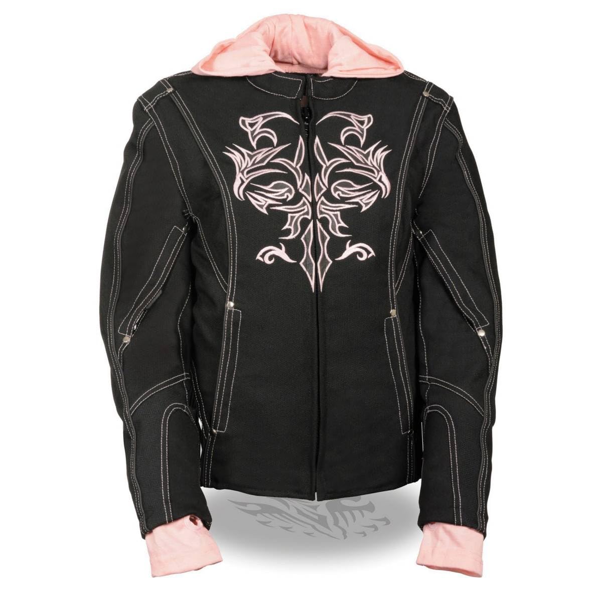 Milwaukee Leather NexGen SH1966 Women's Black & Pink 3/4 Length Motorcycle Jacket with Reflective Tribal Design & Detachable Hood - Perfect for Riding, Commuting & Outdoor Adventures