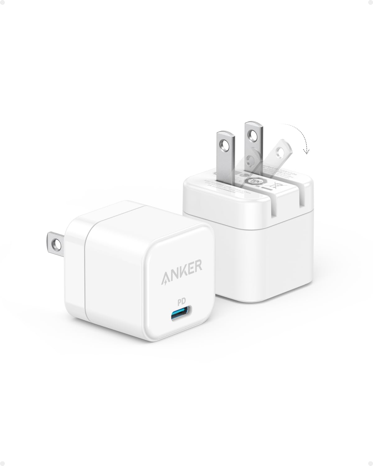 Anker 20W USB C Fast Charger Block with Foldable Plug - 2 Pack for iPhone 16/15/14/13, Samsung Galaxy S23/S22, Google Pixel 7/6, iPad Pro/Air - Compact PD Charging Adapter for Travel, Home & Office Use (Cable Not Included)