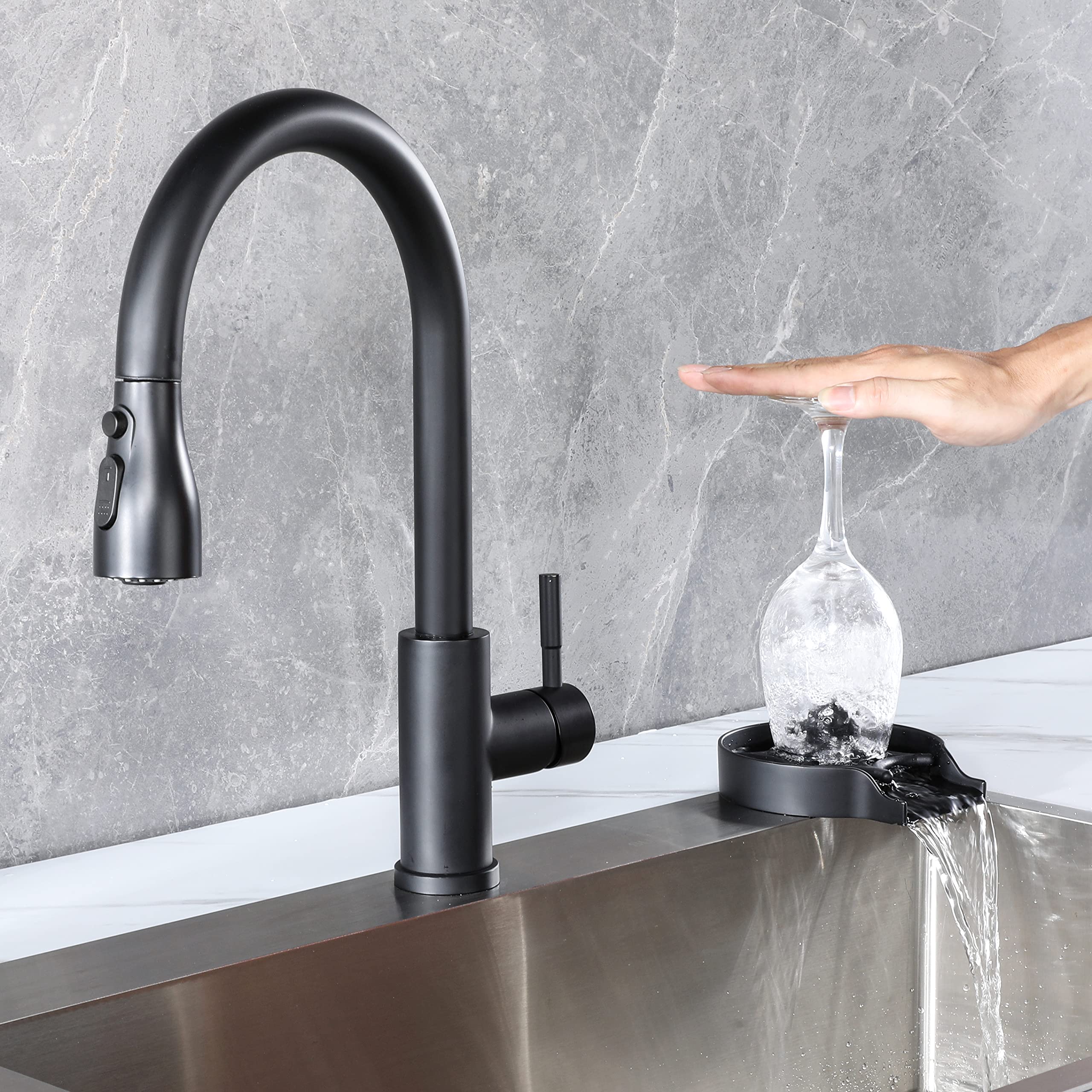 2025 Newest 360° Rotating Metal Glass Rinser for Kitchen Sink - Matte Black Faucet Cup Cleaner, Bottle Washer with Durable Stainless Steel Design - Perfect for Bar, Restaurant & Home Kitchen Cleaning