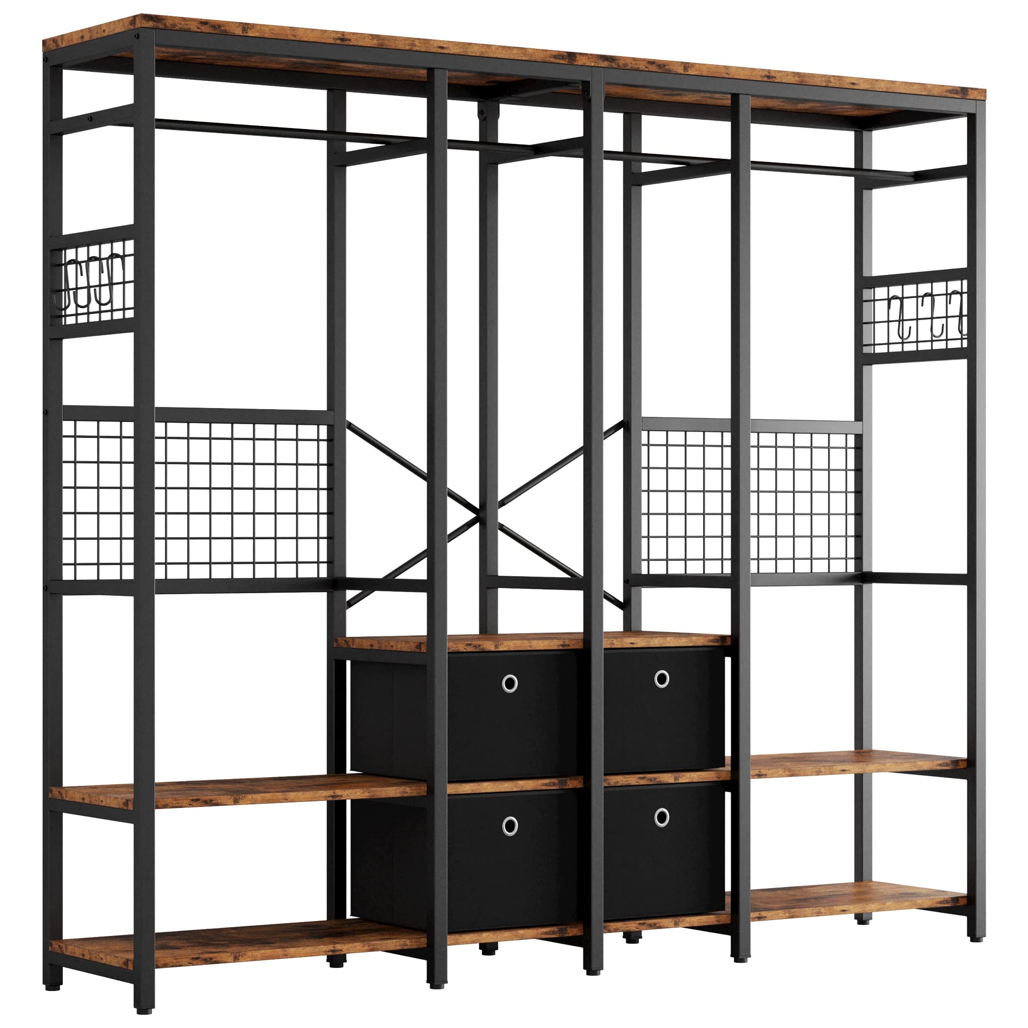 IRONCK Heavy Duty Garment Rack with Shelves, 4 Drawers & 8 Hooks - Freestanding Closet Organizer for Hanging Clothes, Vintage Brown Wardrobe Storage | Perfect for Bedroom, Closet, Laundry Room & Small Space Organization