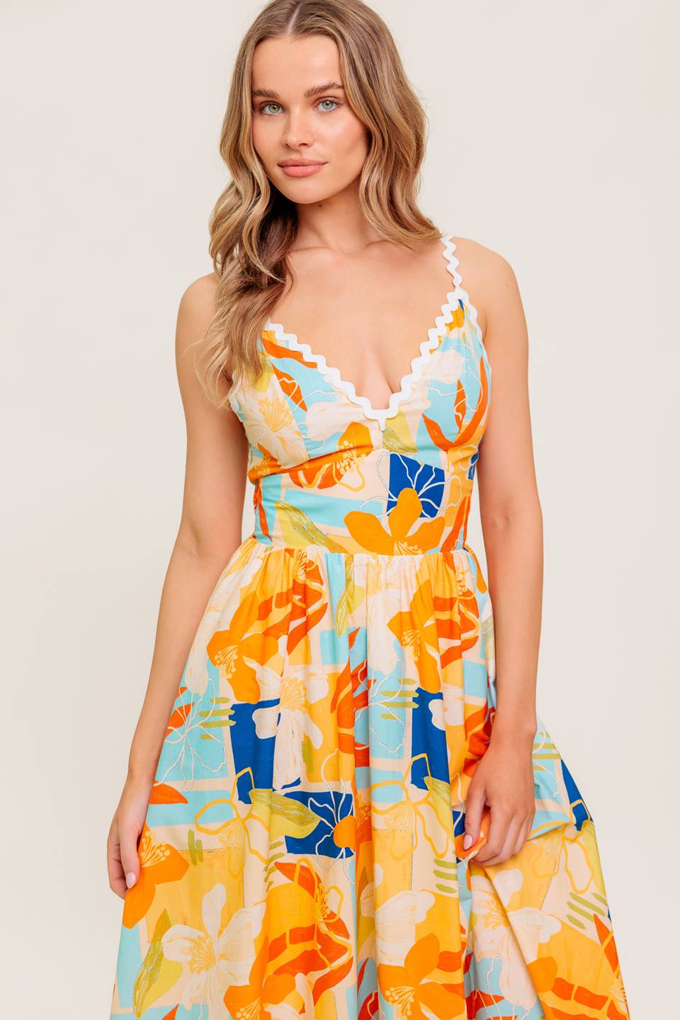 MERRITT MIDI DRESS - Floral Print Orange & Blue Summer Dress for Women | Perfect for Beach Vacations, Date Nights & Casual Outings