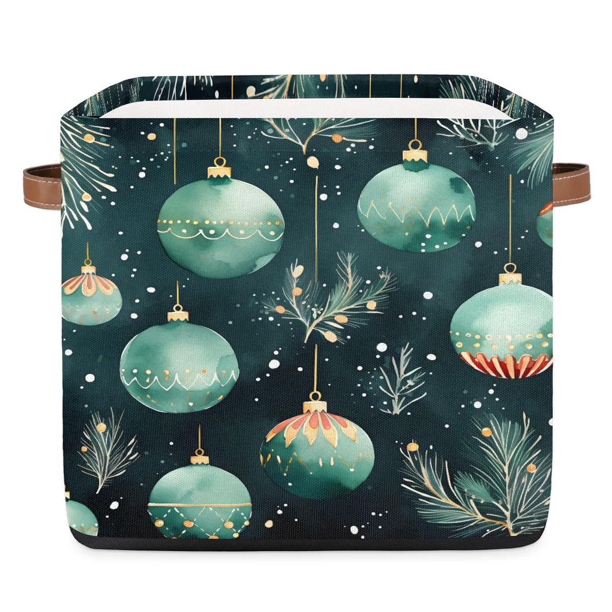 13 Inch Collapsible Storage Basket with Leather Handle - Green Holiday Charms Organizer Bin for Closet, Shelves & Home Decor | Perfect for Seasonal Decor, Bedroom Organization & Gift Wrapping Storage