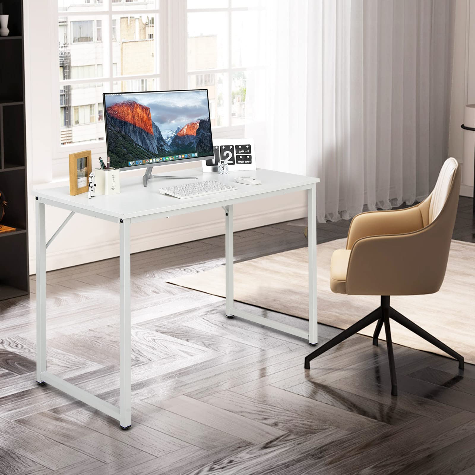 Modern White Hysache Computer Desk - Home Office Workstation with Metal Frame & Cross Bar Support | Simple Writing Desk for Laptop, Study & Workspace | Durable Multipurpose Table for Small Spaces & Remote Work