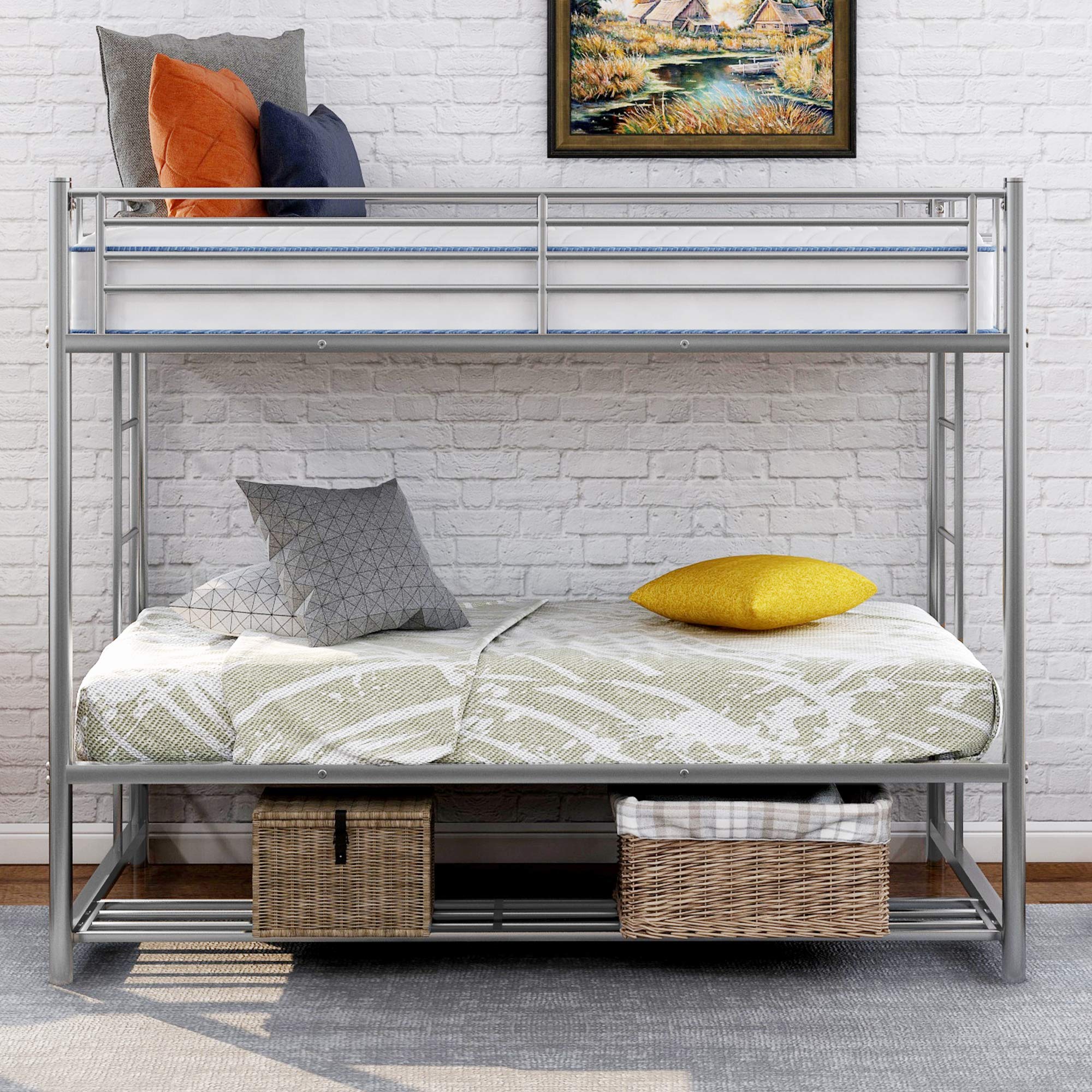Twin-Over-Twin Metal Bunk Bed with Removable Ladder & Safety Guard Rails - Heavy Duty Bed Frame for Teens & Adults - Easy Assembly with Storage (Silver) - Perfect for Kids' Rooms, Dormitories & Space-Saving Bedroom Solutions