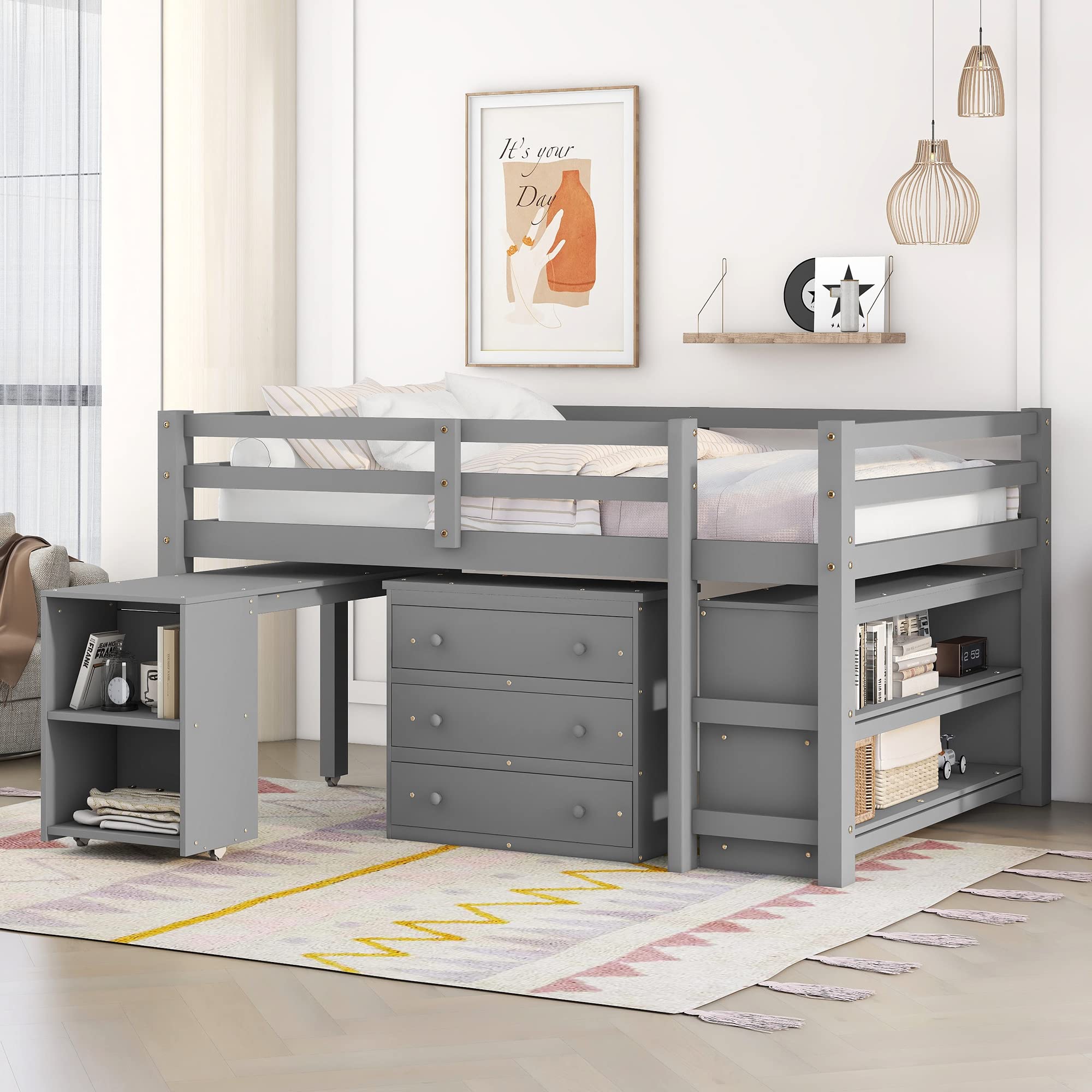 Low Loft Bed Full Size with Desk & Storage - Solid Wood Loft Bed Frame with Cabinet, Shelves & Rolling Desk - Multifunctional Space-Saving Furniture for Kids, Teens & Adults - Perfect for Small Bedrooms, Dorms & Studio Apartments (Gray)