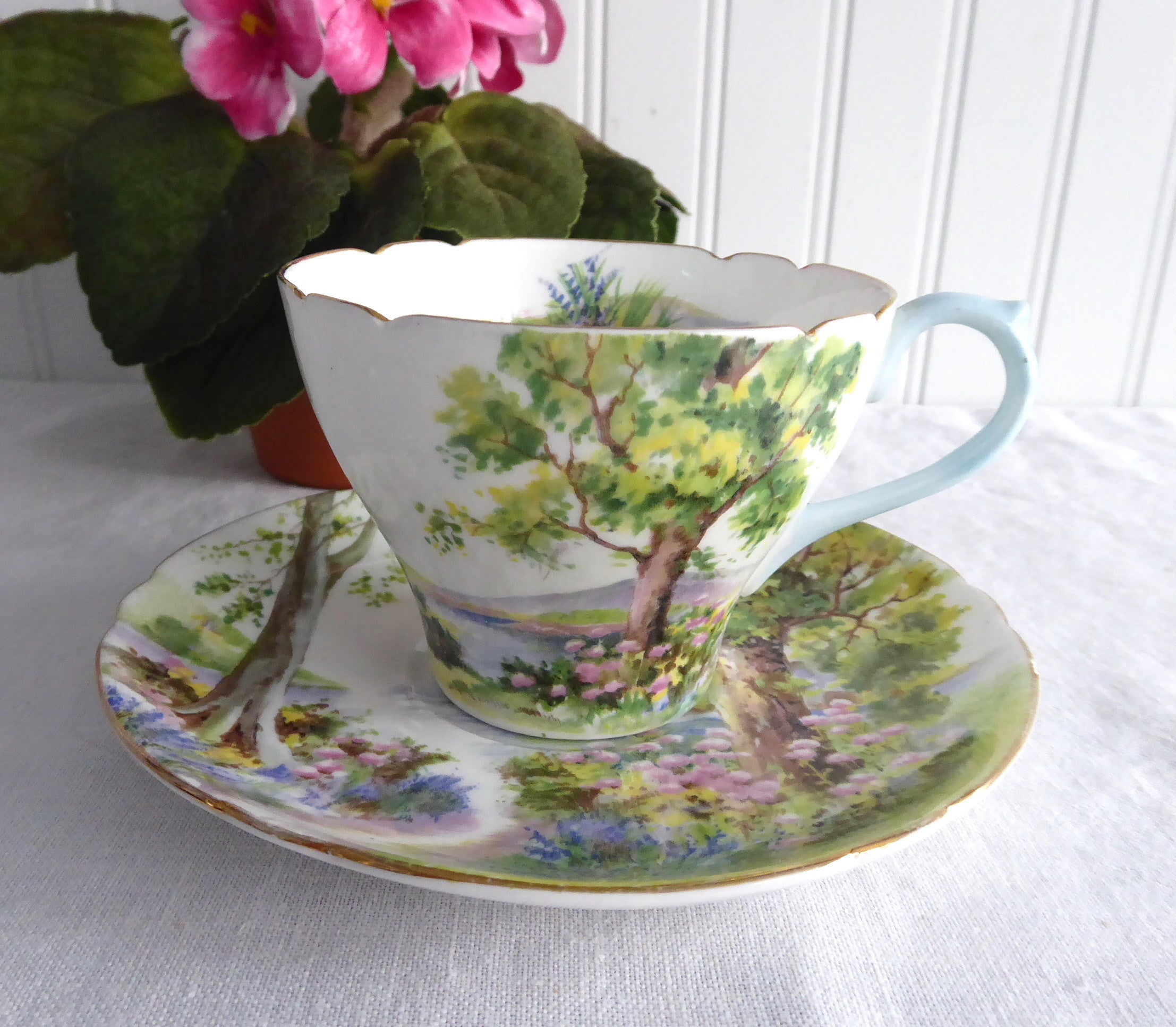 Vintage Shelley Woodland Cup and Saucer Set - Cambridge Shape Floral Teacup with Landscape Design, 1950s Retro China for Afternoon Tea & Collectors
