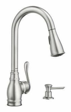 Moen CA87003SRS Spot Resist Stainless Steel Kitchen Faucet with Pull-Down Sprayer and Built-In Soap Dispenser - Perfect for Modern Kitchens and Easy Dishwashing