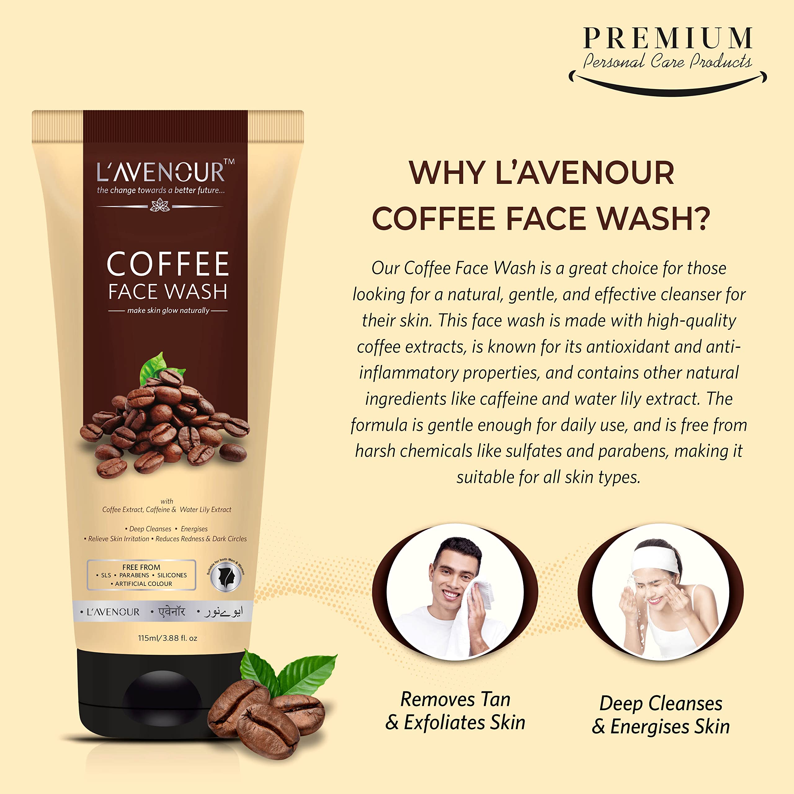 L'avenour Deep Cleansing Coffee Face Wash - Reduces Redness & Dark Circles, 115ml - Gentle Exfoliating Facial Cleanser for Acne-Prone & Sensitive Skin - Perfect for Morning & Night Skincare Routine