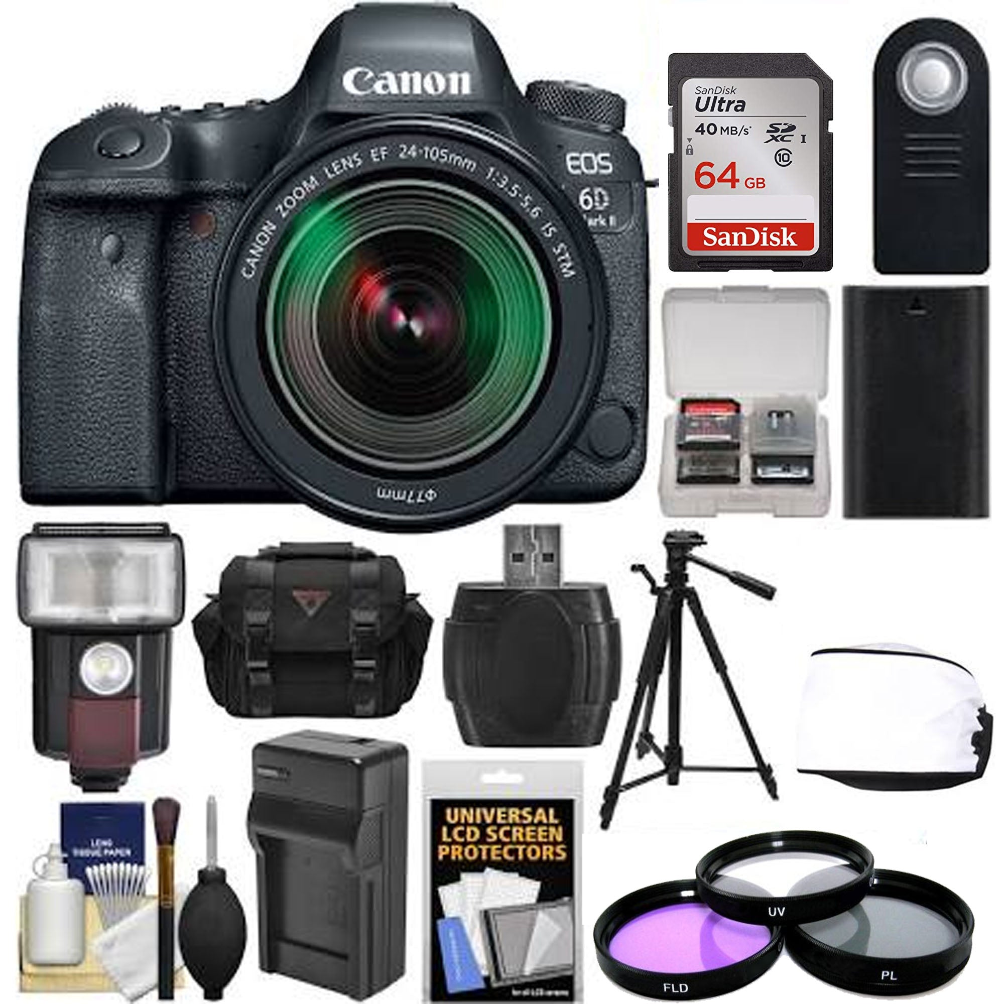 Canon EOS 6D Mark II WiFi DSLR Camera with EF 24-105mm IS STM Lens Kit - Includes 64GB Card, Case, Flash, Battery, Charger, Tripod & Filters - Perfect for Professional Photography, Travel & Vlogging