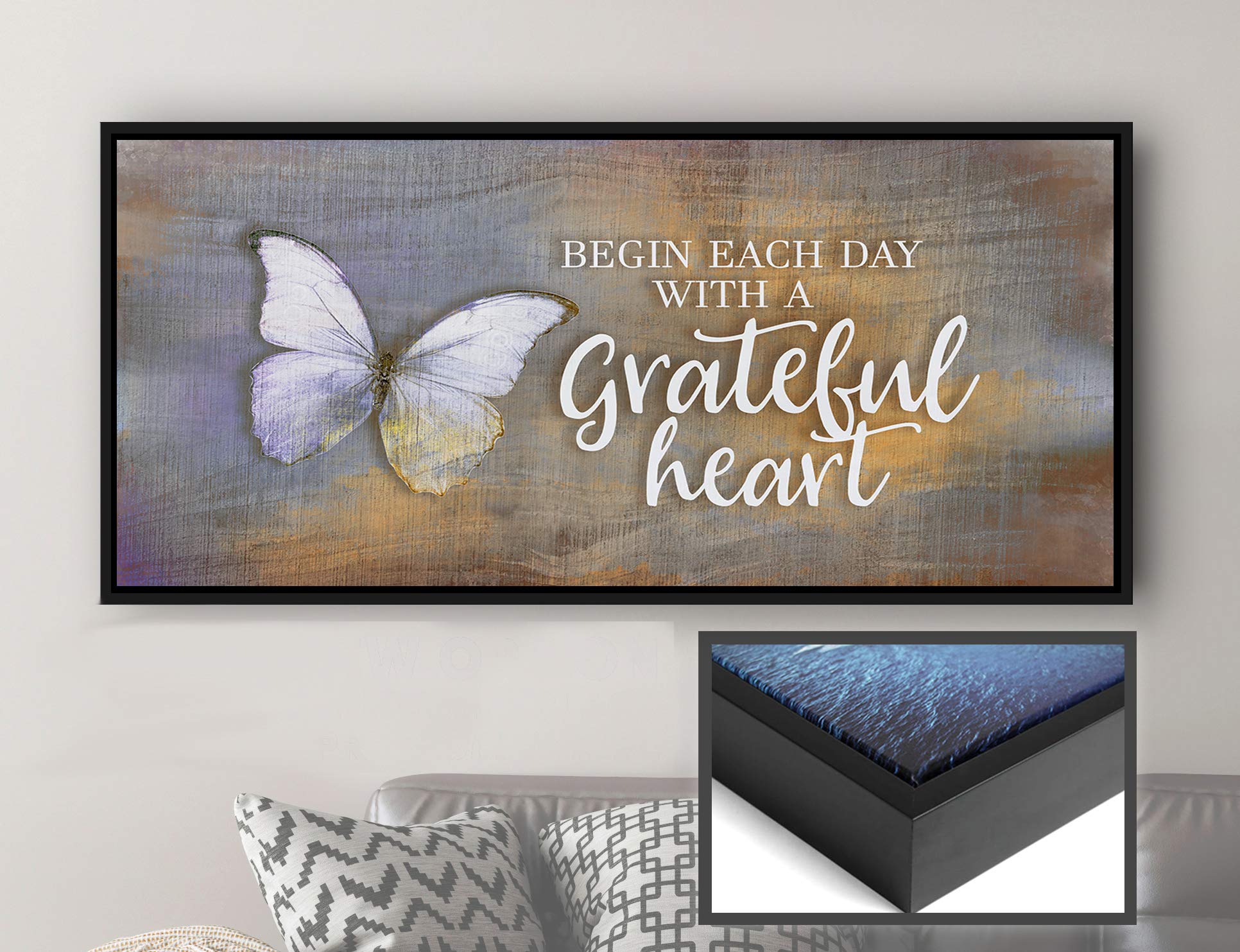 Inspirational Wall Art - 'Begin Each Day' Motivational Quote Canvas Print with Butterfly Design, Religious & Blessed Home Decor, Large 42x19 Inch Orange & Black Floating Frame - Perfect for Living Room, Bedroom, or Office Decor