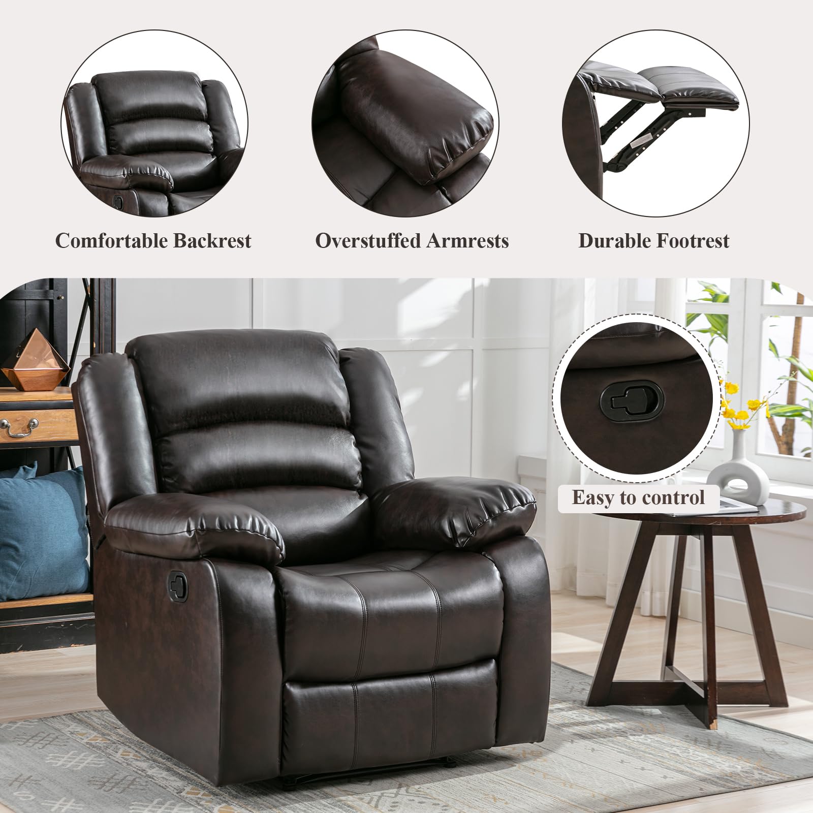 ANJ Manual Recliner Chair - Dark Brown Faux Leather Living Room Reclining Sofa with Padded Arms & Back Support | Comfortable Single Seat for Home Theater, Gaming & Relaxation