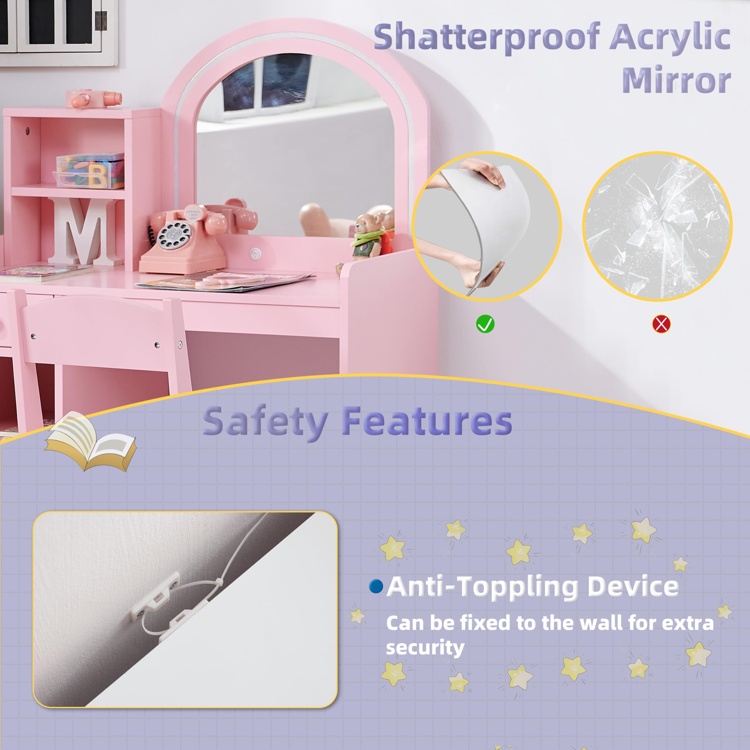 Princess Vanity Set with Lights & Storage - Kids Makeup Vanity with Lighted Mirror, Drawer & Stool - 2-in-1 Toddler Vanity Table for Girls (Pink) | Perfect for Pretend Play, Birthday Gifts & Bedroom Decor