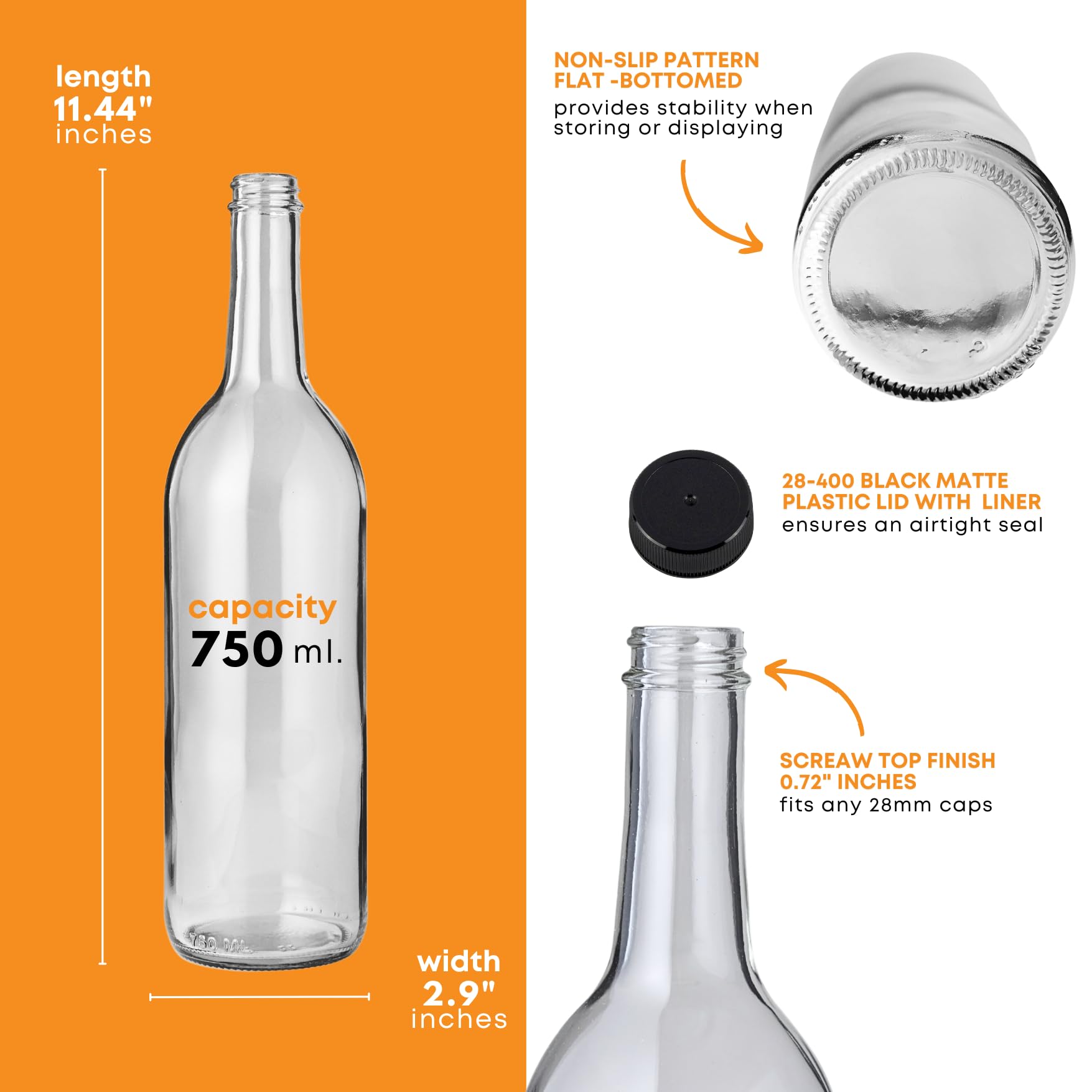 FastRack 750ml Clear Glass Bordeaux Wine Bottles with Black Plastic Screw Caps - 4 Cases of 12 (48 Bottles) - Flat Bottom Design for Home Brewing, Winemaking & Craft Cocktails