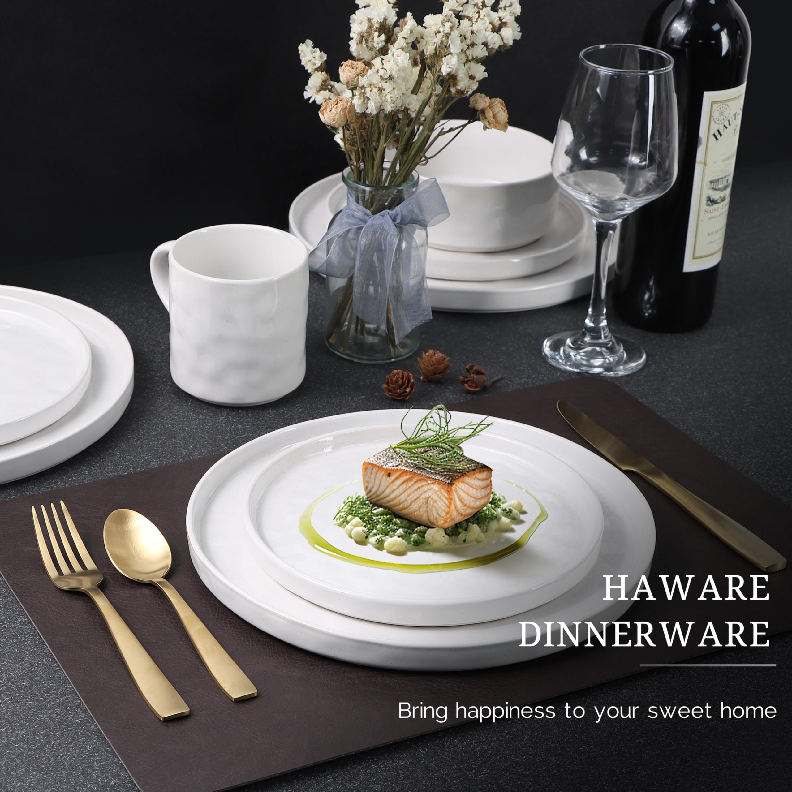 HaWare 16-Piece Stoneware Dinnerware Set - Elegant Ceramic Plates & Bowls for 4 - Chip/Scratch Resistant - Microwave & Dishwasher Safe - Speckled White Tableware - Perfect for Family Dinners, Parties & Restaurant Use