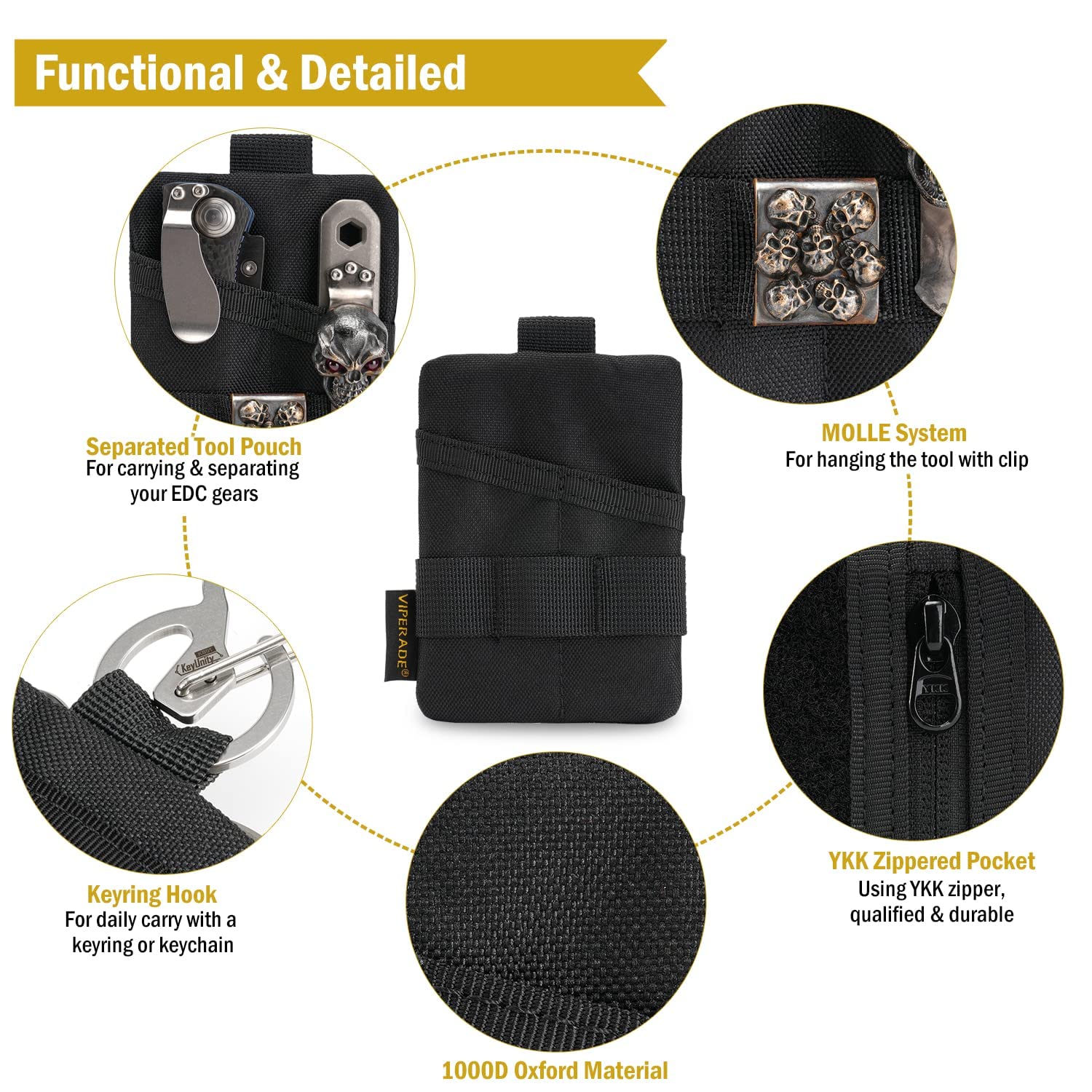 VIPERADE VE15 Mini EDC Pouch - Compact 3-Pocket Organizer with Hook & Loop Panel, Small Multitool Bag for Tactical Gear, Knives & Everyday Carry Accessories - Perfect for Hiking, Camping & Outdoor Adventures
