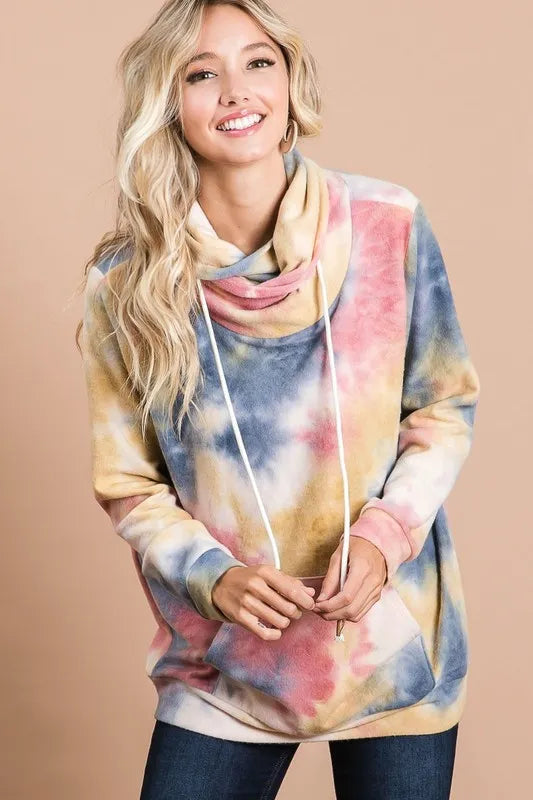BiBi Brushed Tie Dye Overlapped Turtle Neck Sweatshirt | Soft Fleece Pullover for Women | Cozy Winter Fashion & Casual Outfit Essential