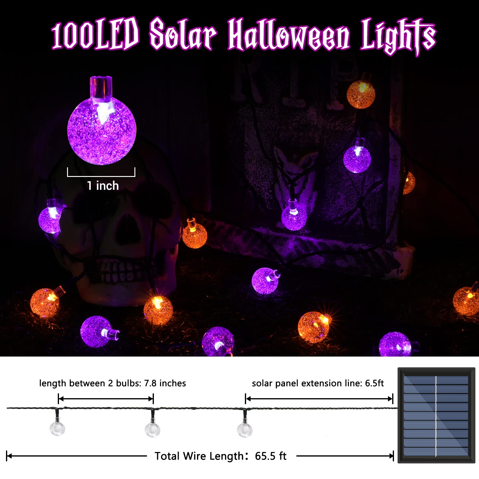 Orange Purple Solar Halloween Lights - 72FT 100 LED Waterproof Halloween Globe String Lights with 8 Lighting Modes | Perfect for Outdoor Halloween Decorations, Party Lighting, Yard & Porch Decor