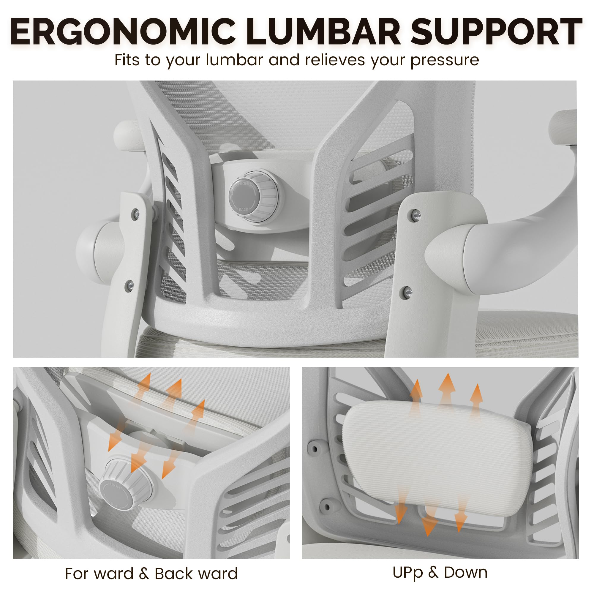 Ergonomic Mesh Office Chair with Wheels & Flip-Up Arms - Adjustable Lumbar Support Swivel Desk Chair for Home & Office - White - Perfect for Long Work Hours, Gaming & Study Sessions