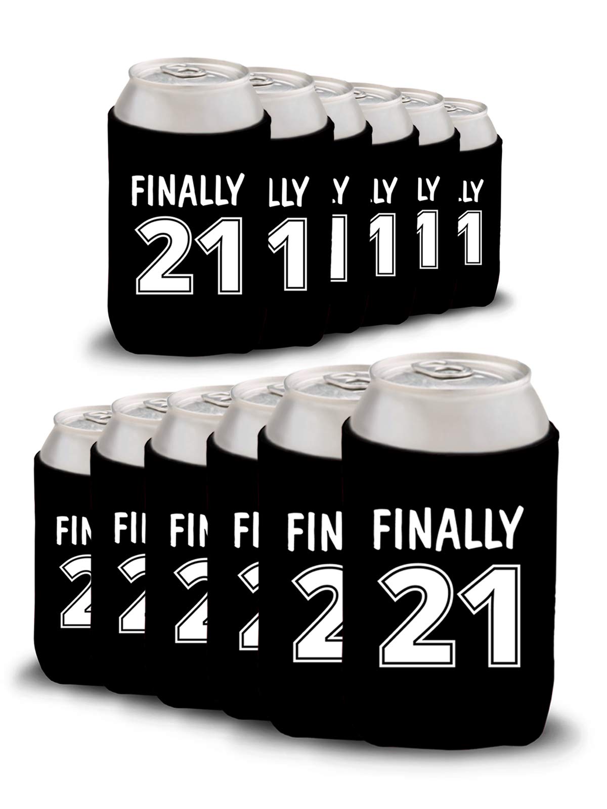21st Birthday Party Can Coolers - Set of 12 Black Insulated Beer Bottle Holders for Finally 21 Celebrations - Perfect for Birthday Parties, Barbeques & Outdoor Events
