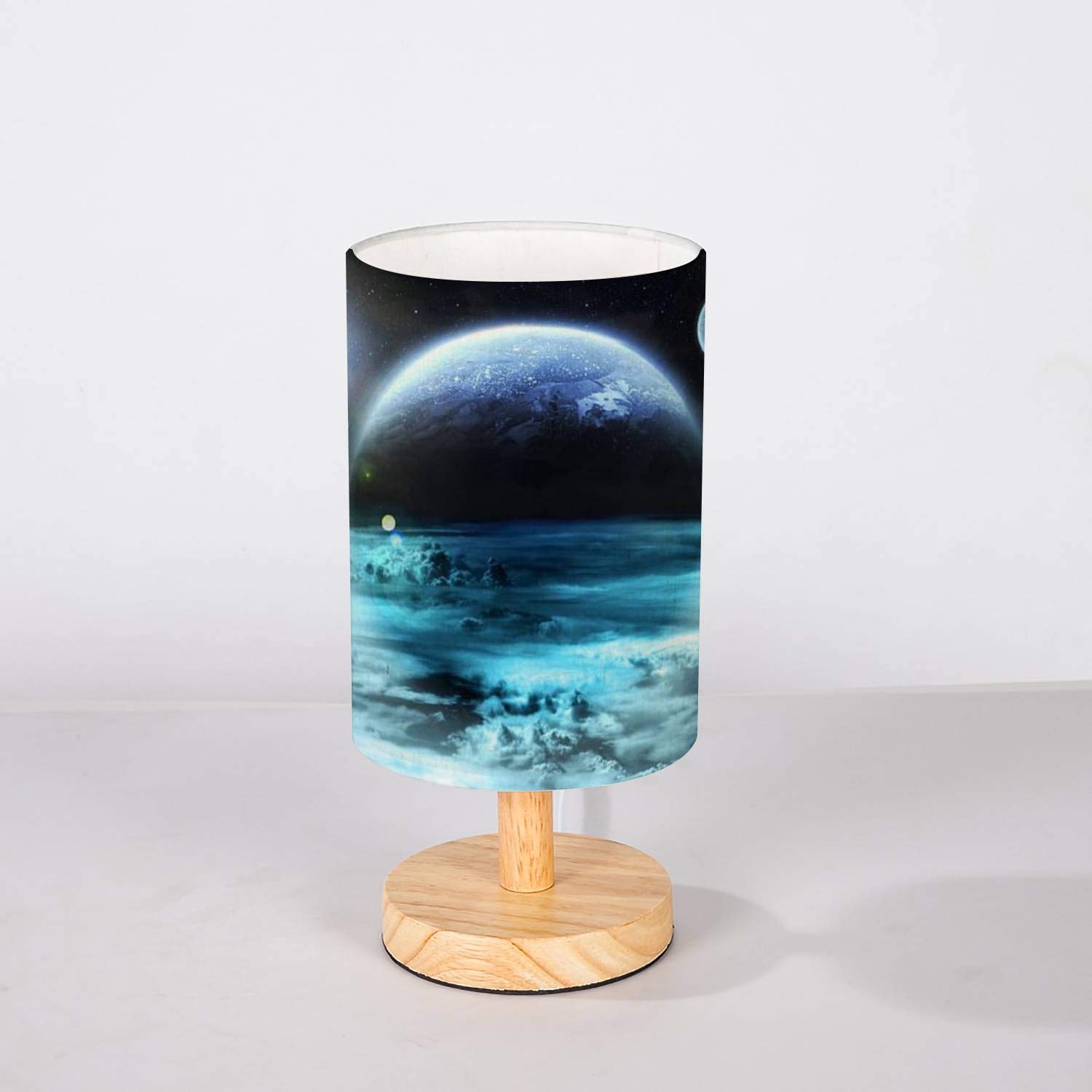 Minimalist Wooden Nightstand Lamp with Flaxen Fabric Shade - Space-Themed Planet Sun & Moon Design for Bedroom & Living Room | Perfect for Reading, Relaxing & Creating Cozy Ambiance