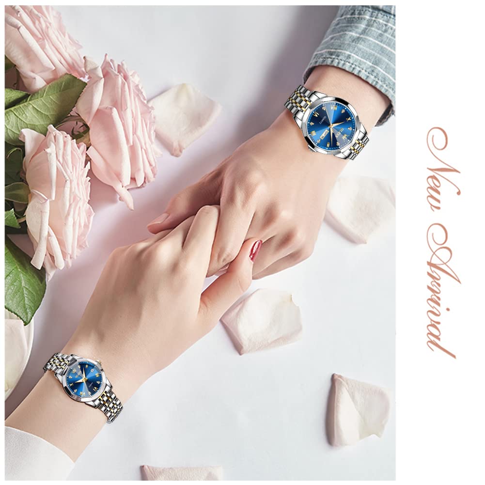OLEVS His and Her Couple Watches Set - Analog Quartz Business Watches for Men & Women - Stainless Steel Waterproof Luminous Date Wristwatch - Perfect for Anniversary Gifts, Date Nights & Formal Occasions