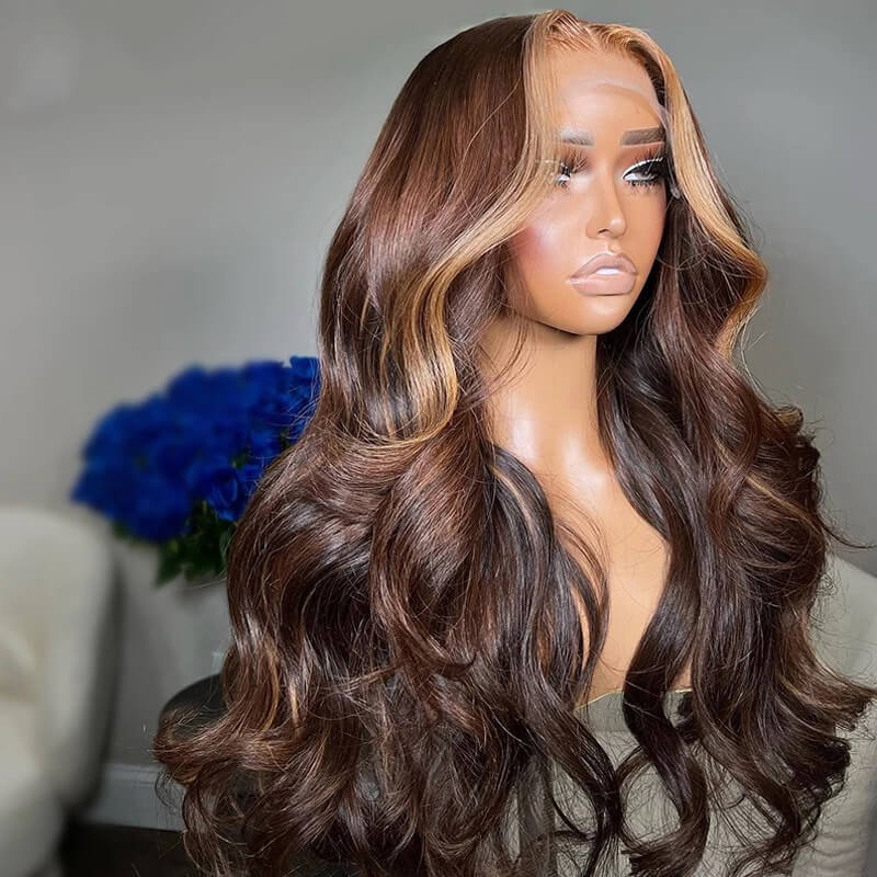 Eullair Dark Brown Body Wave Wig with Honey Blonde Highlights & Skunk Stripe Lace Frontal - Human Hair Wig for Women, Perfect for Daily Wear, Cosplay & Special Occasions